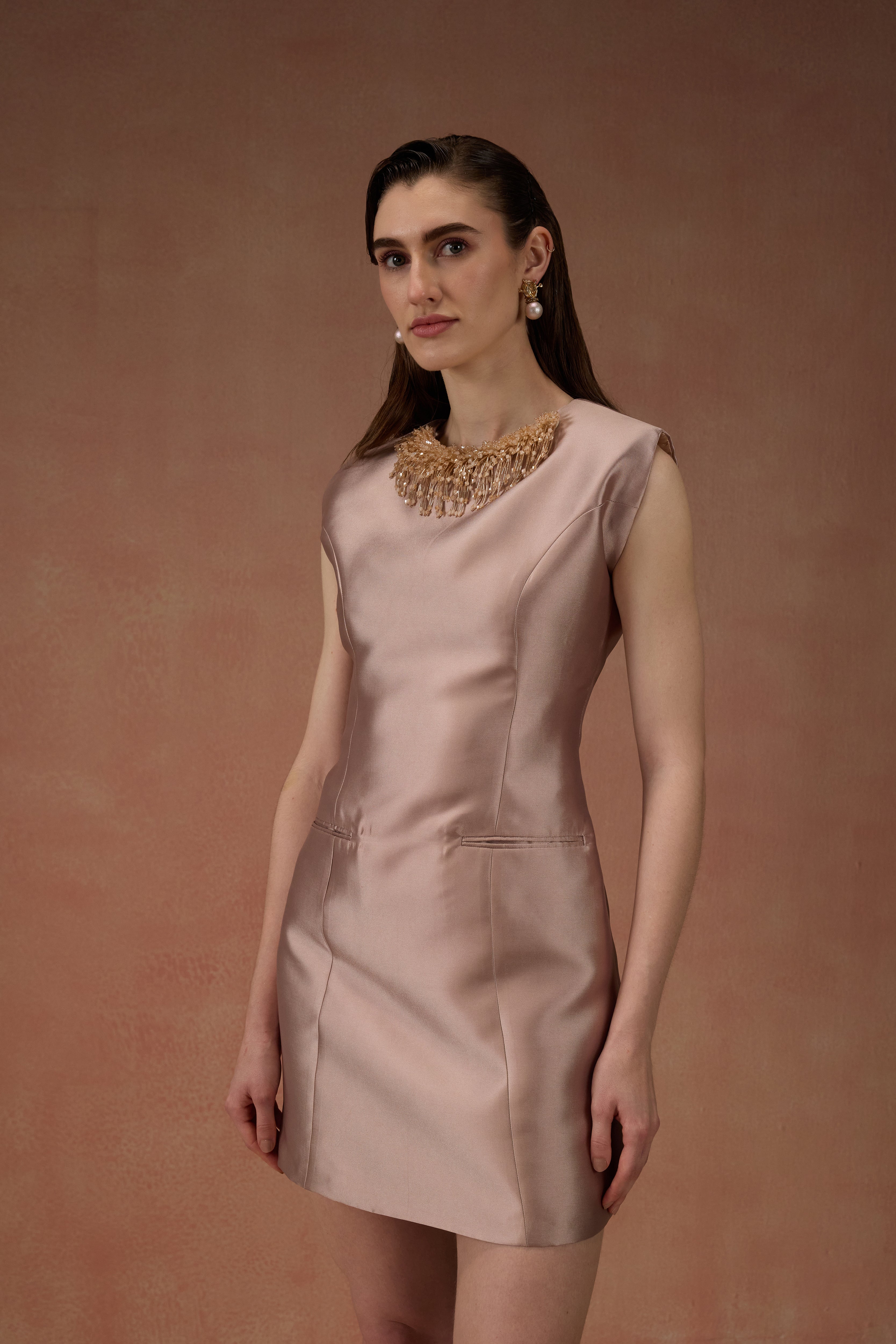 CARAMEL EMBELLISHED MINI DRESS