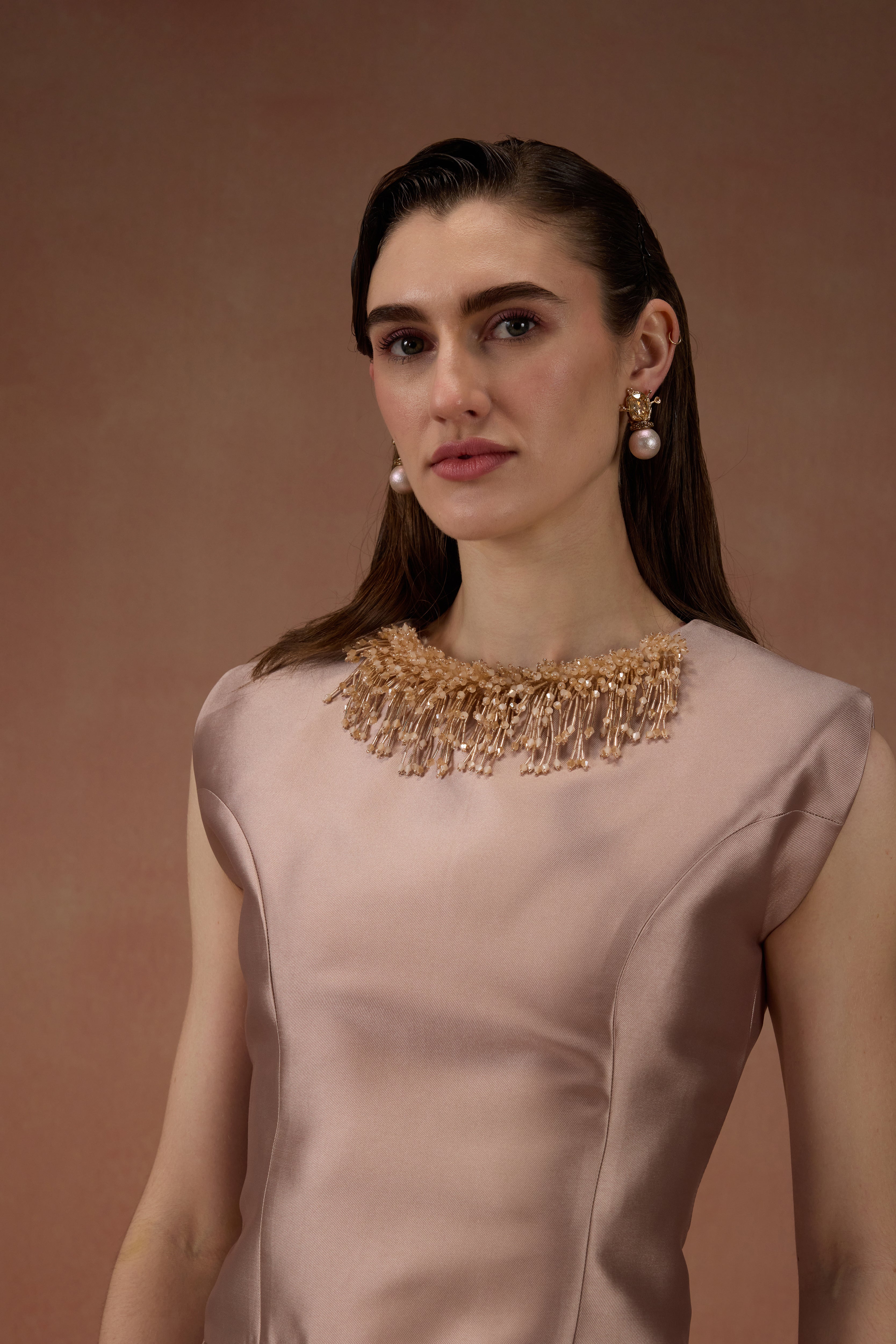 CARAMEL EMBELLISHED MINI DRESS