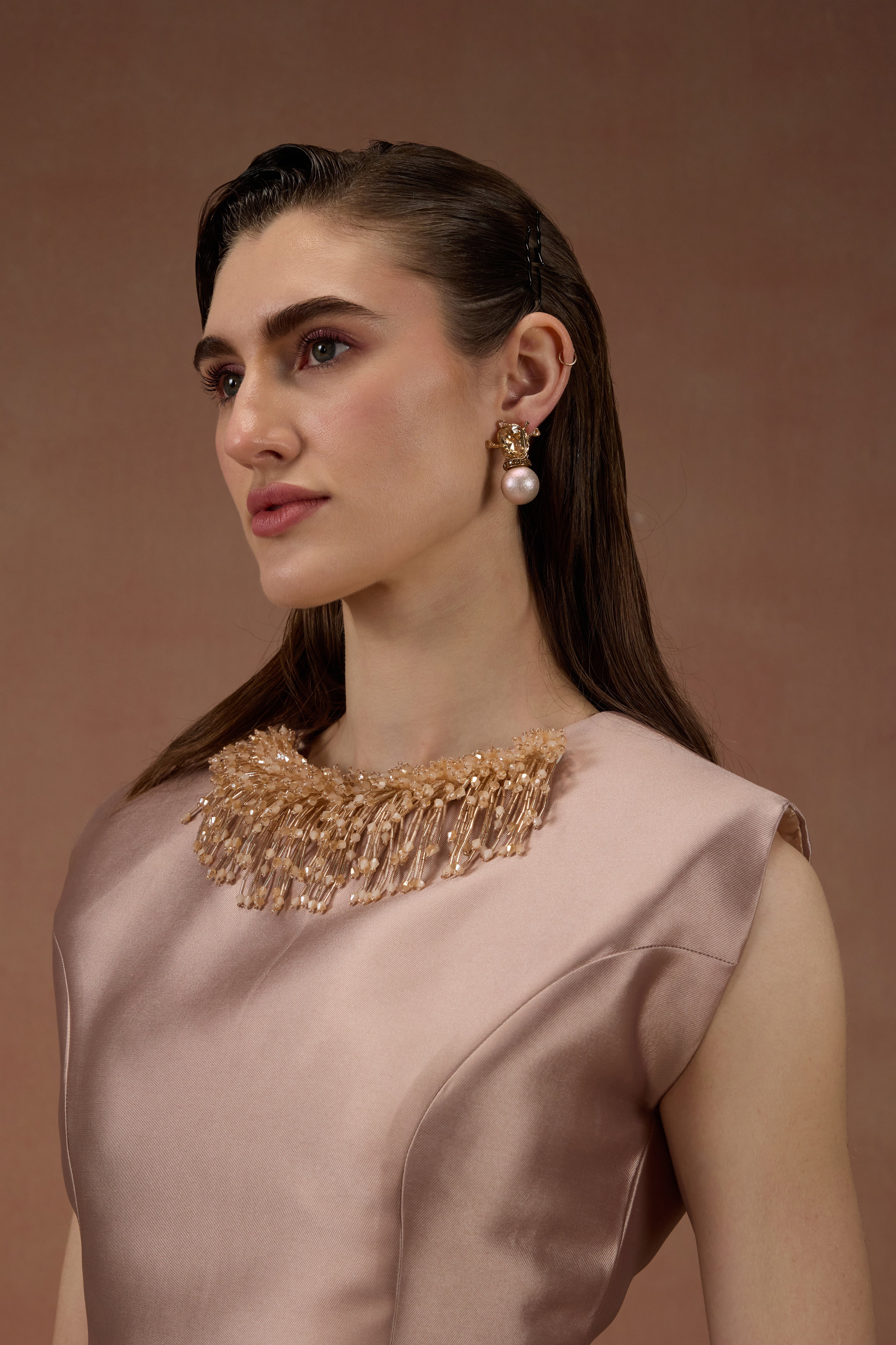 CARAMEL EMBELLISHED MINI DRESS