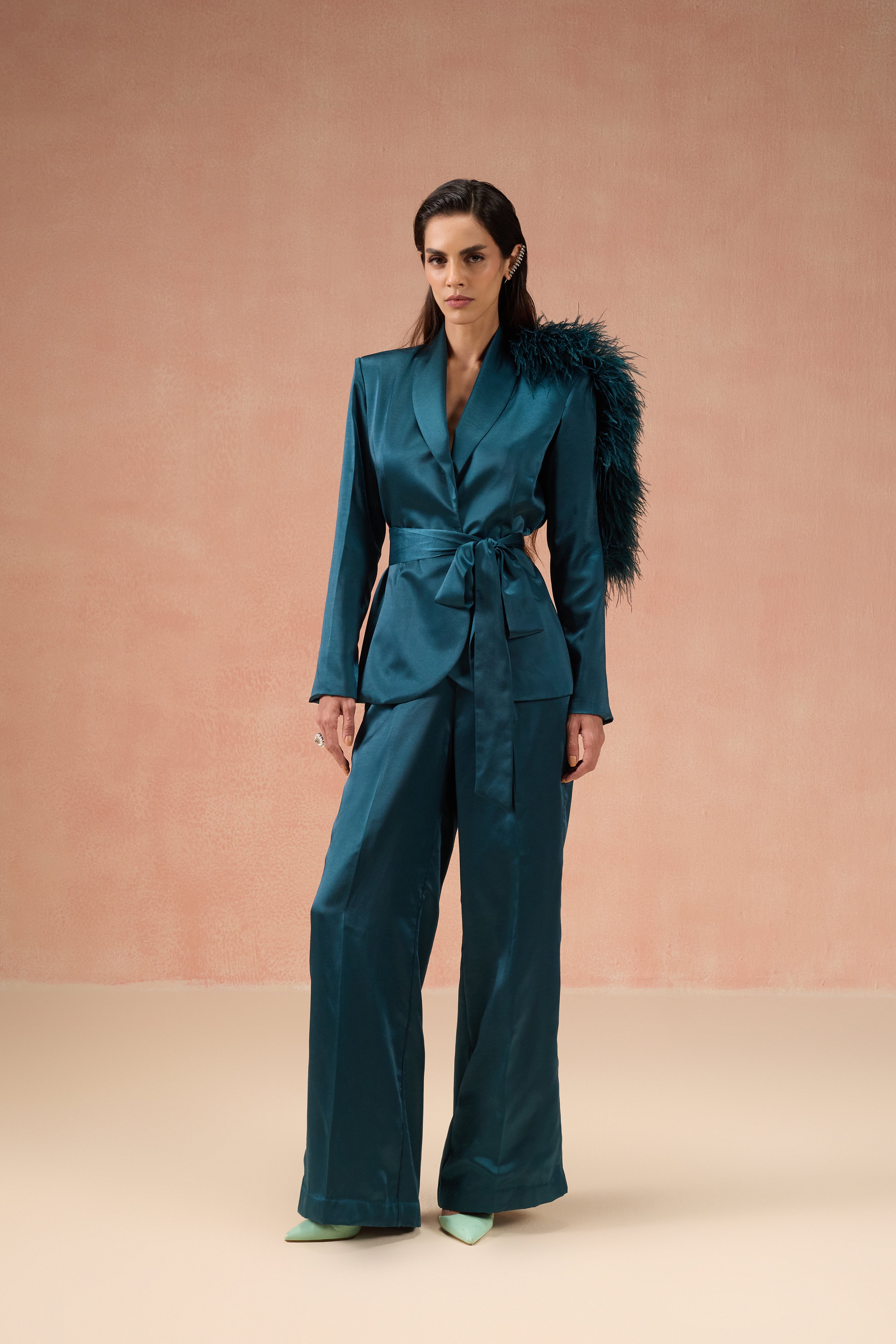 TEAL FEATHER BLAZER SET