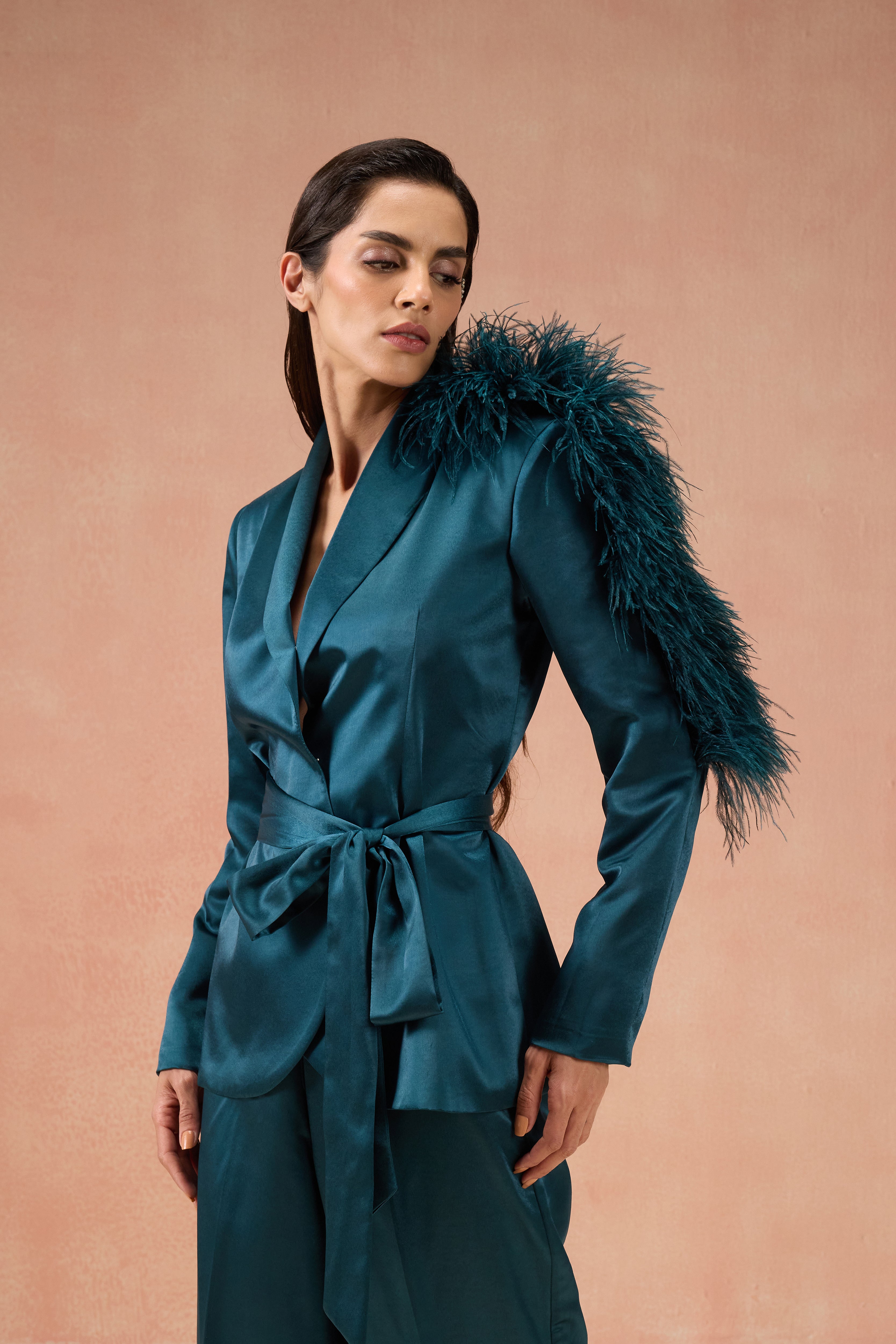 TEAL FEATHER BLAZER SET