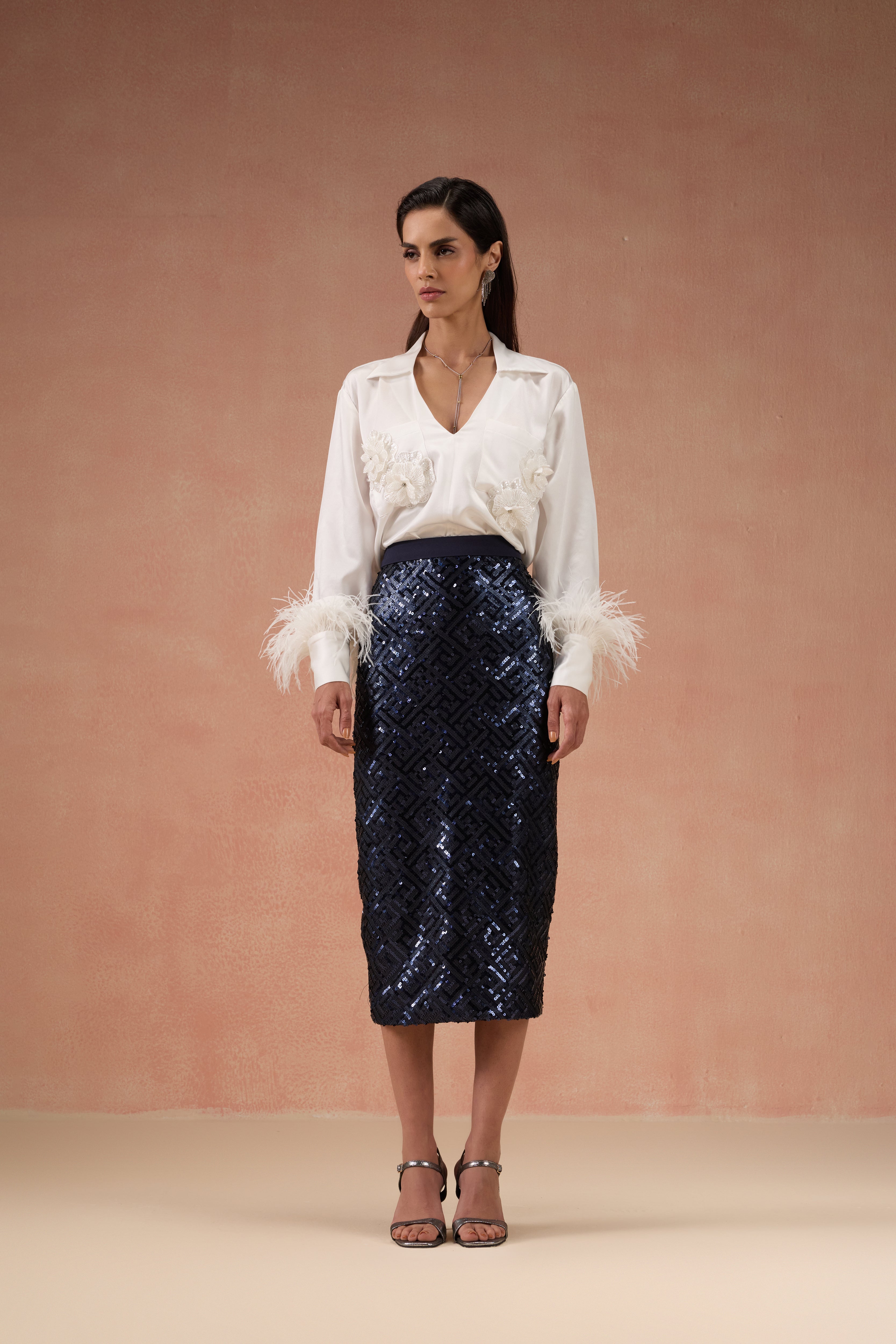 IVORY AND NAVY BLUE SKIRT SET