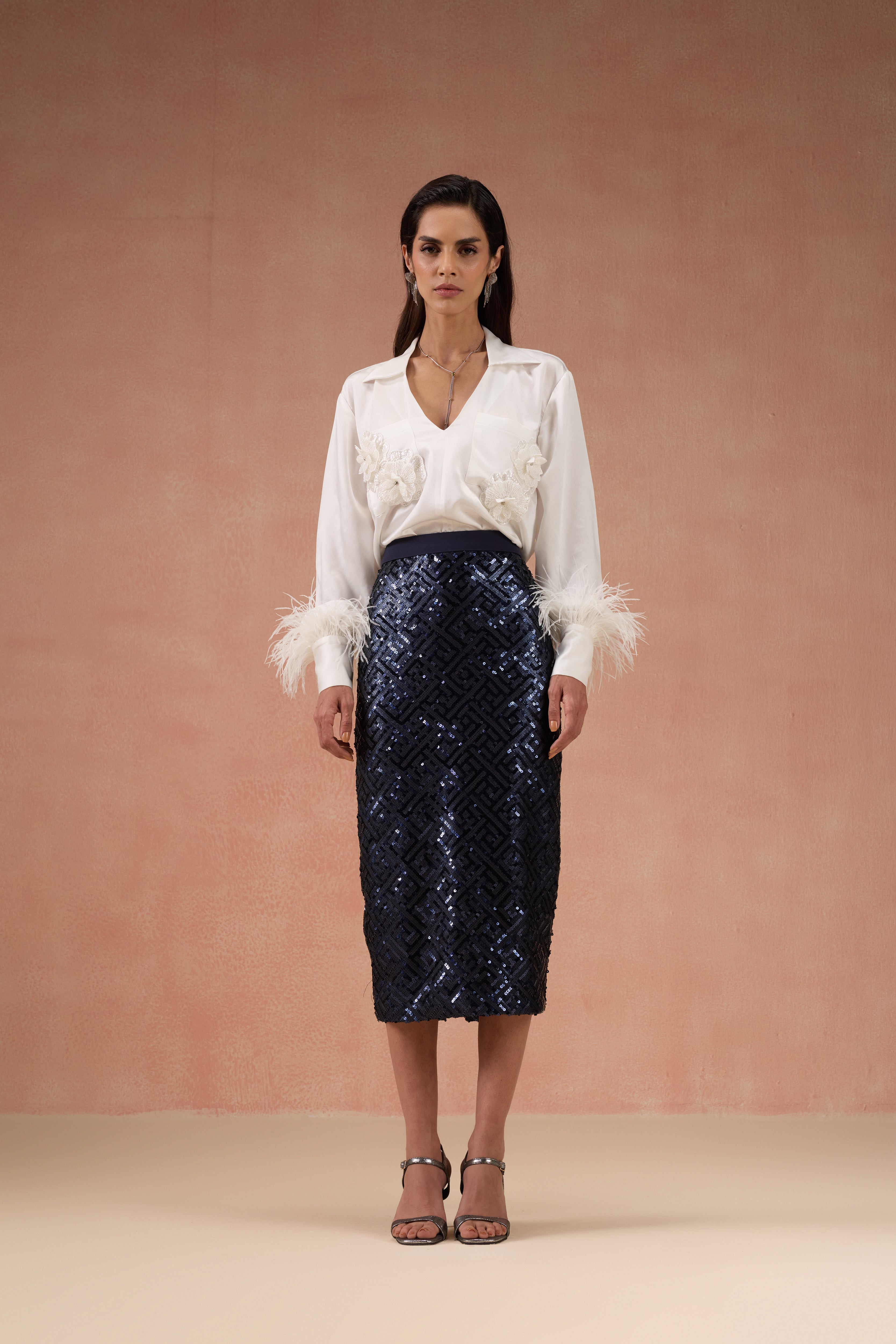 IVORY AND NAVY BLUE SKIRT SET