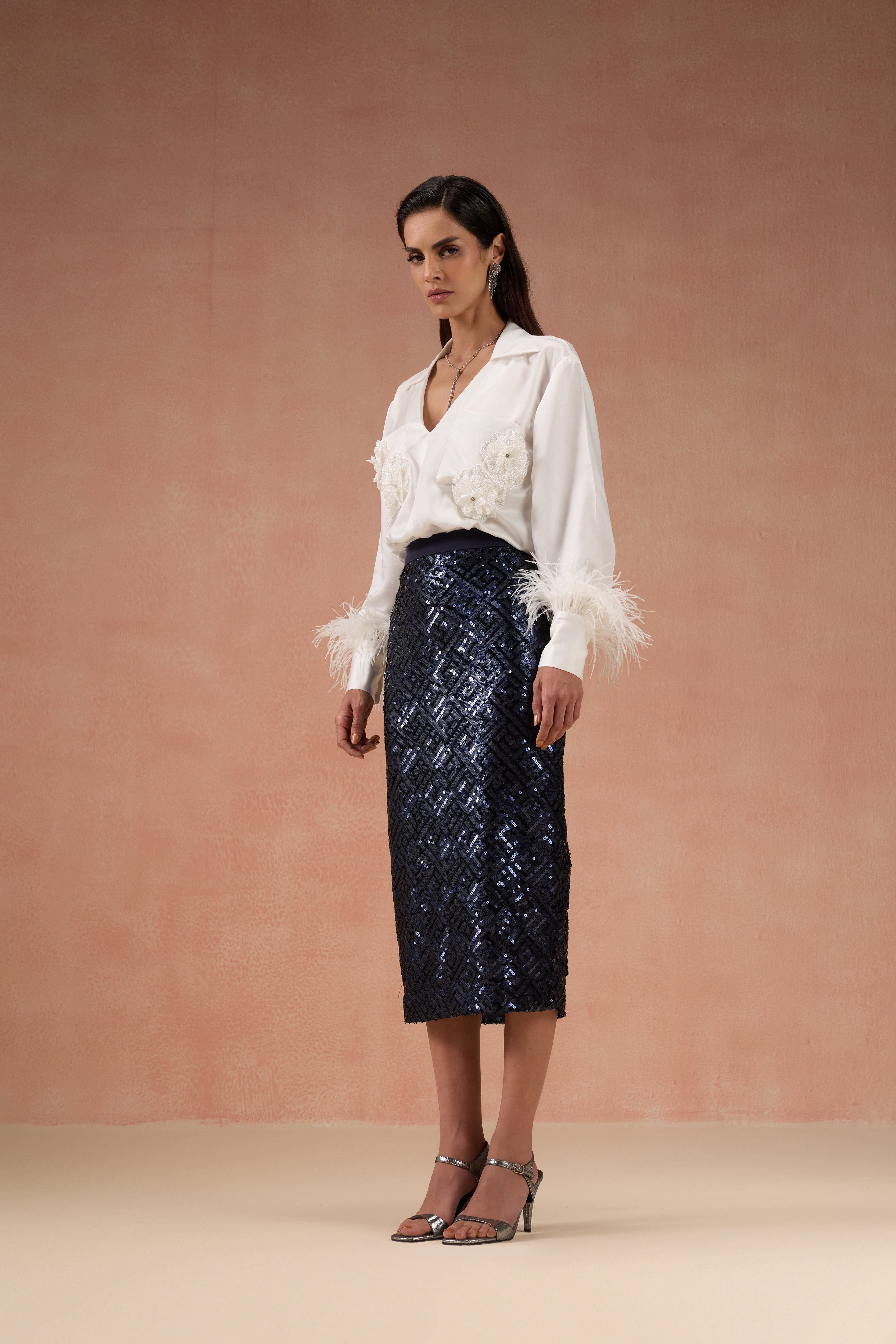 IVORY AND NAVY BLUE SKIRT SET