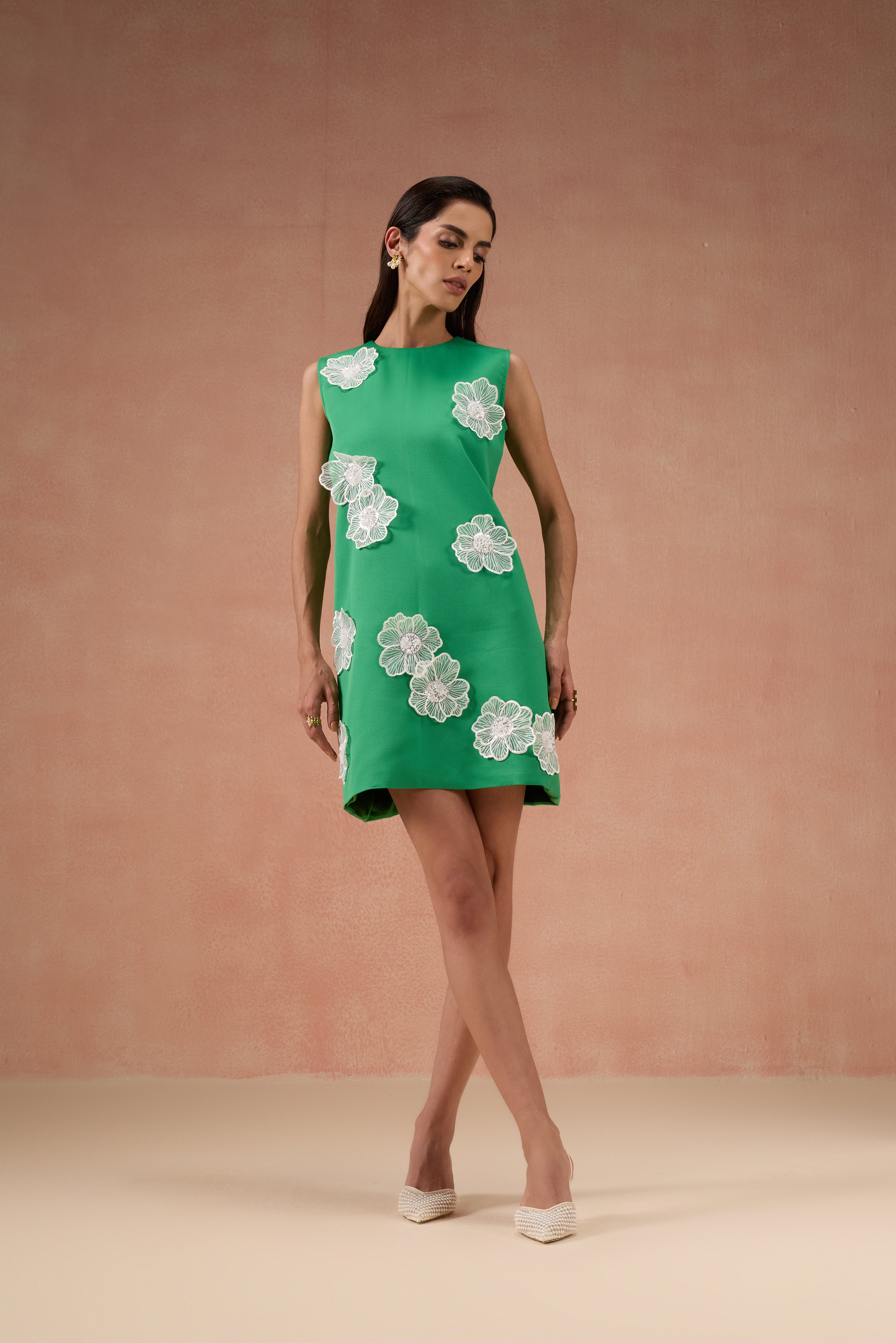 GREEN AND IVORY FLORAL DRESS