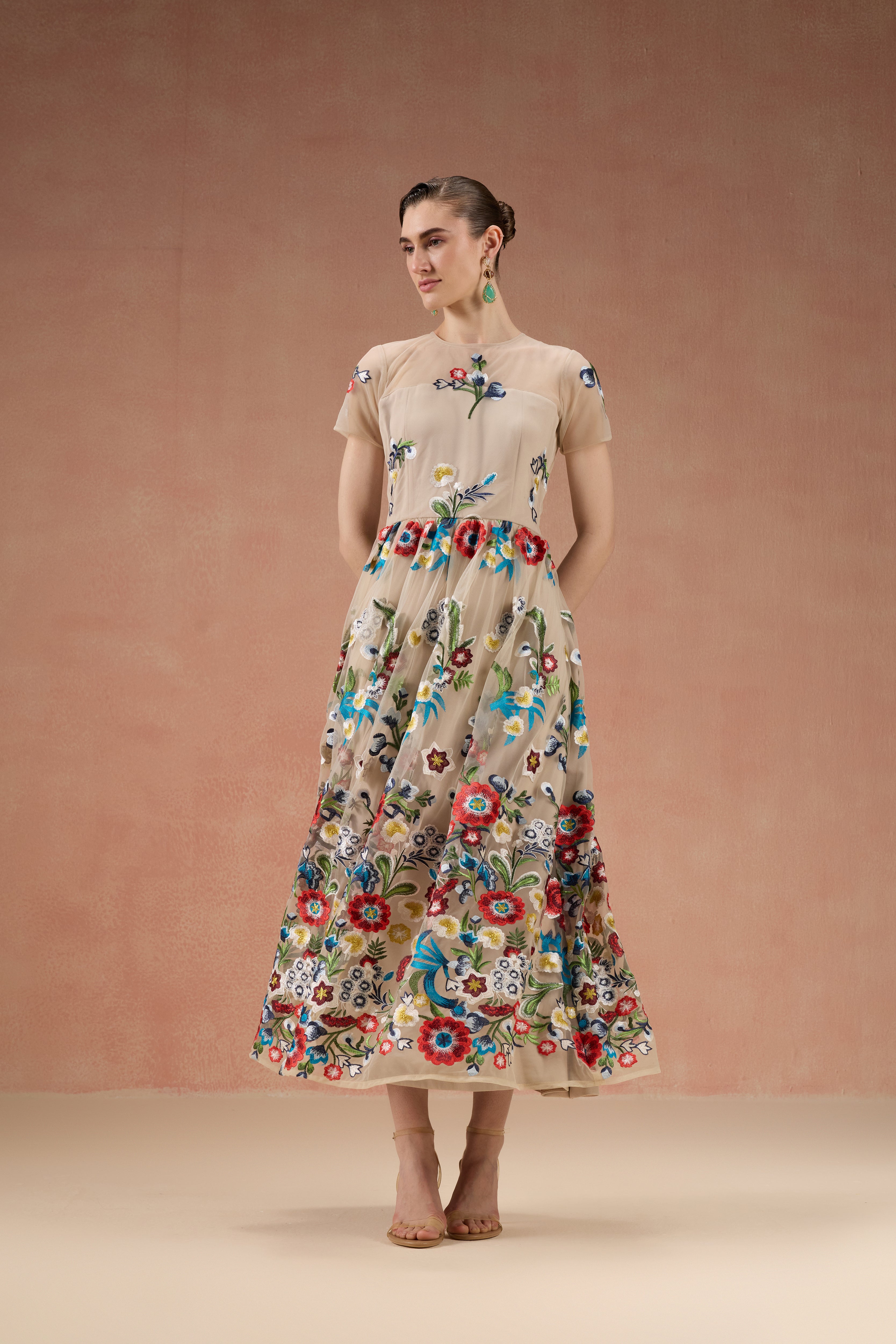 CREAM FLORAL GATHERED MIDI