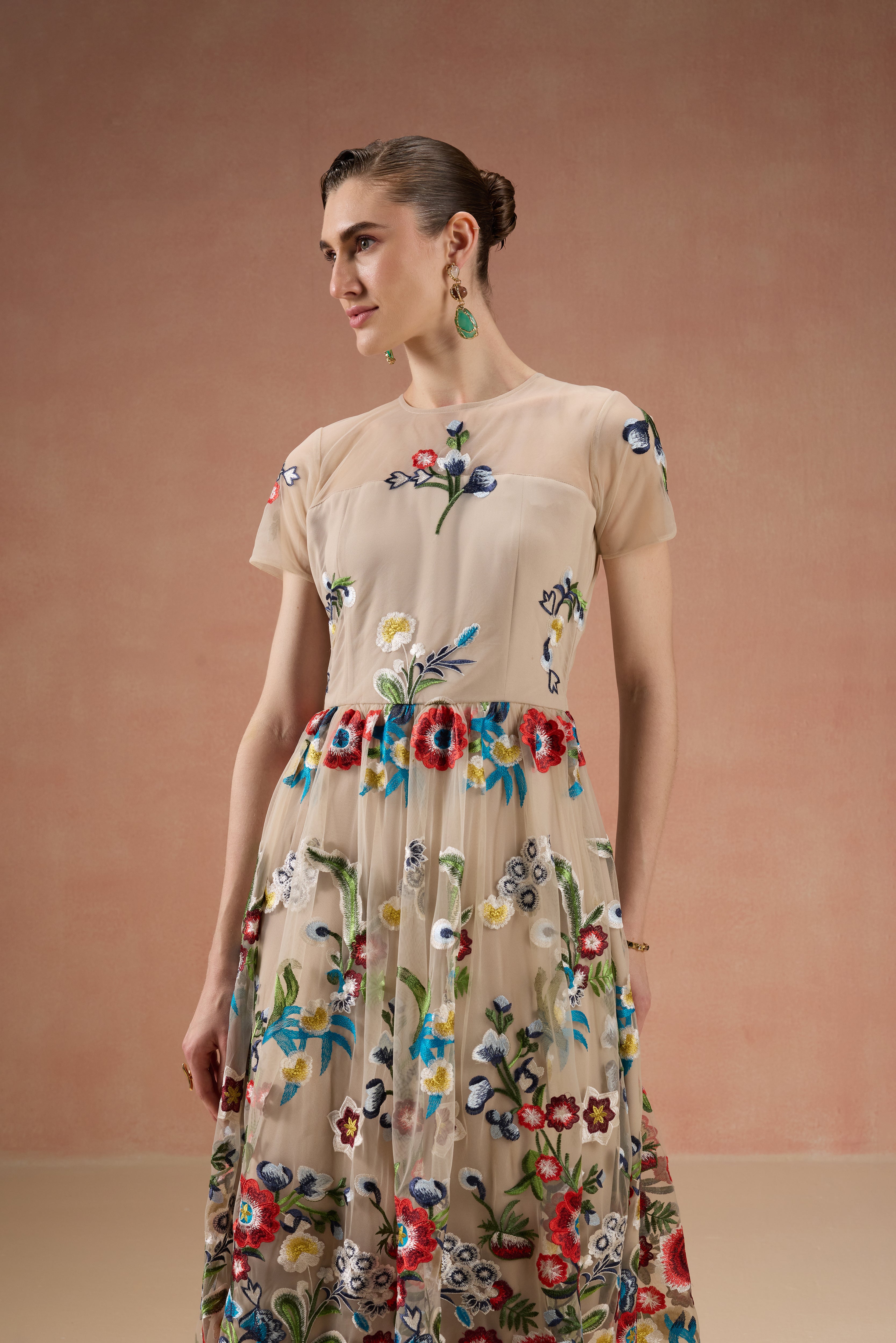 CREAM FLORAL GATHERED MIDI