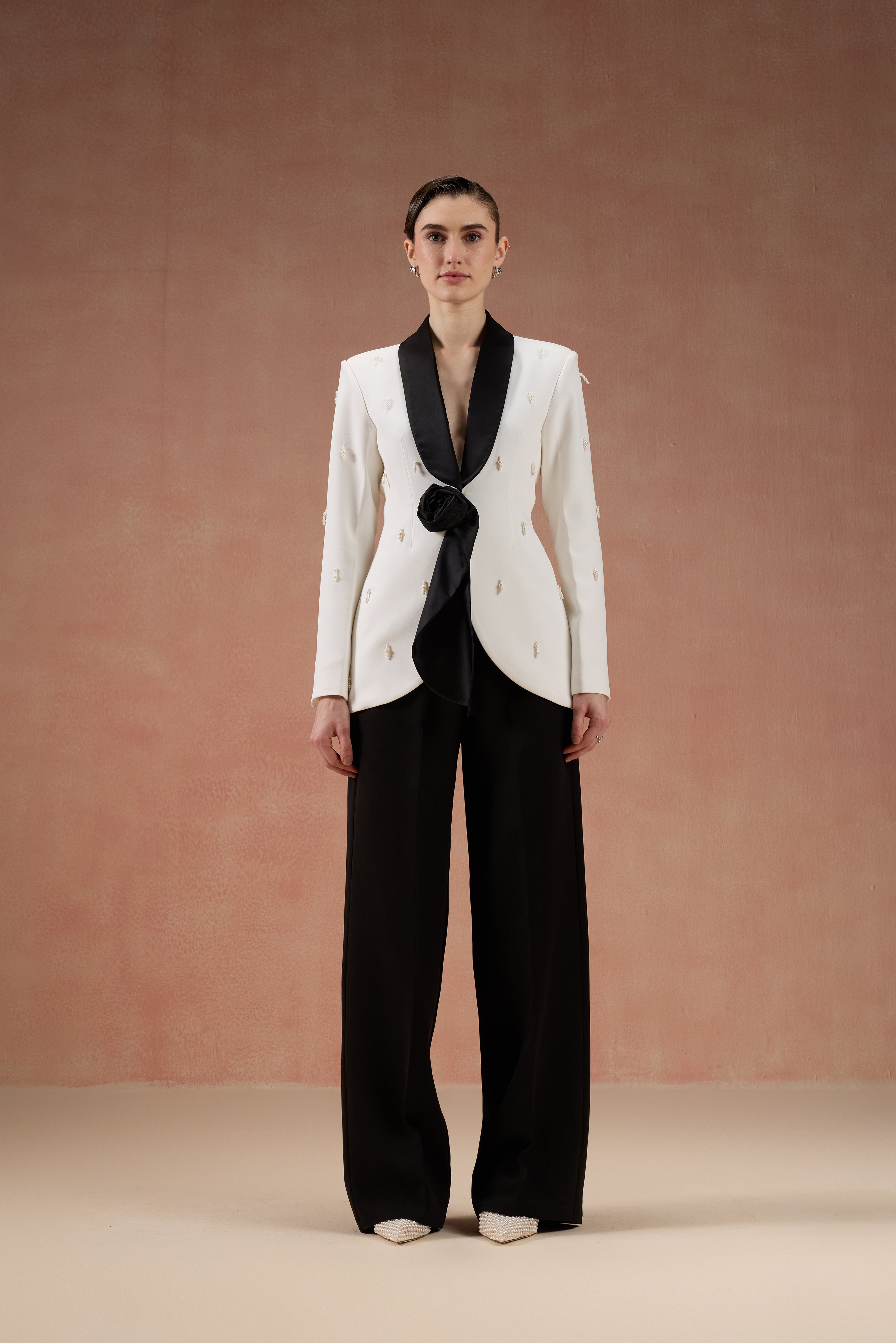 IVORY AND BLACK ROSE BLAZER SET