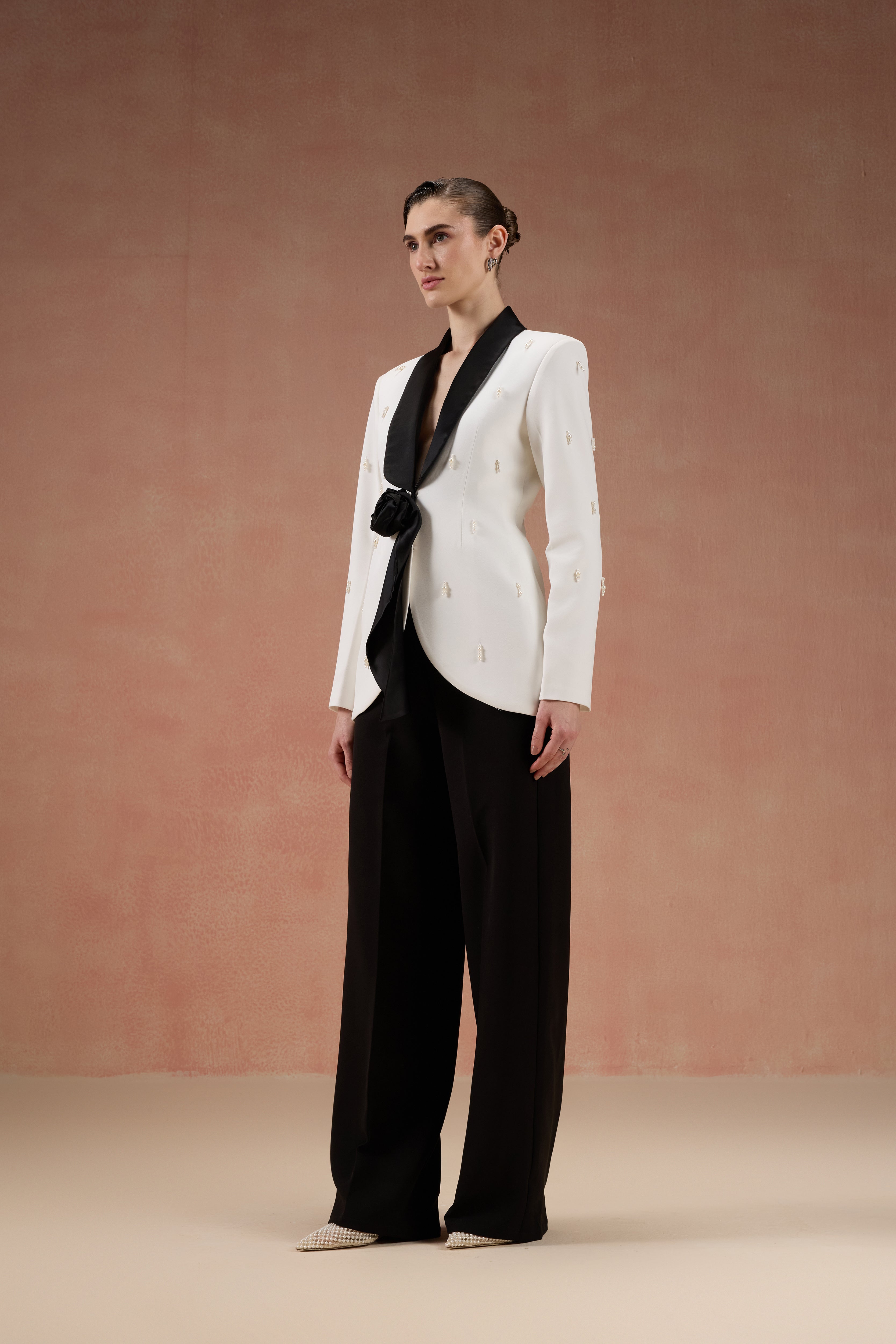 IVORY AND BLACK ROSE BLAZER SET