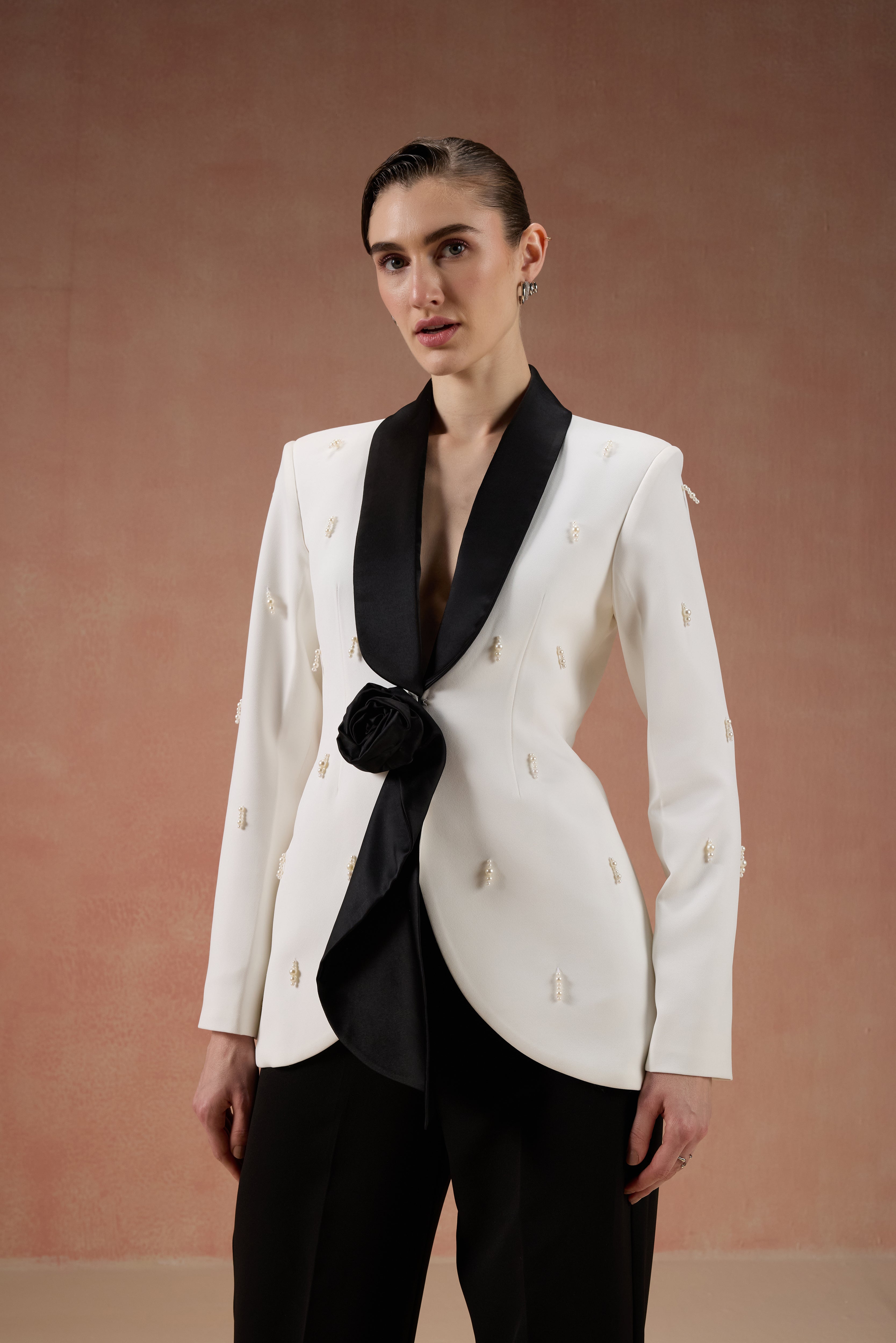 IVORY AND BLACK ROSE BLAZER SET