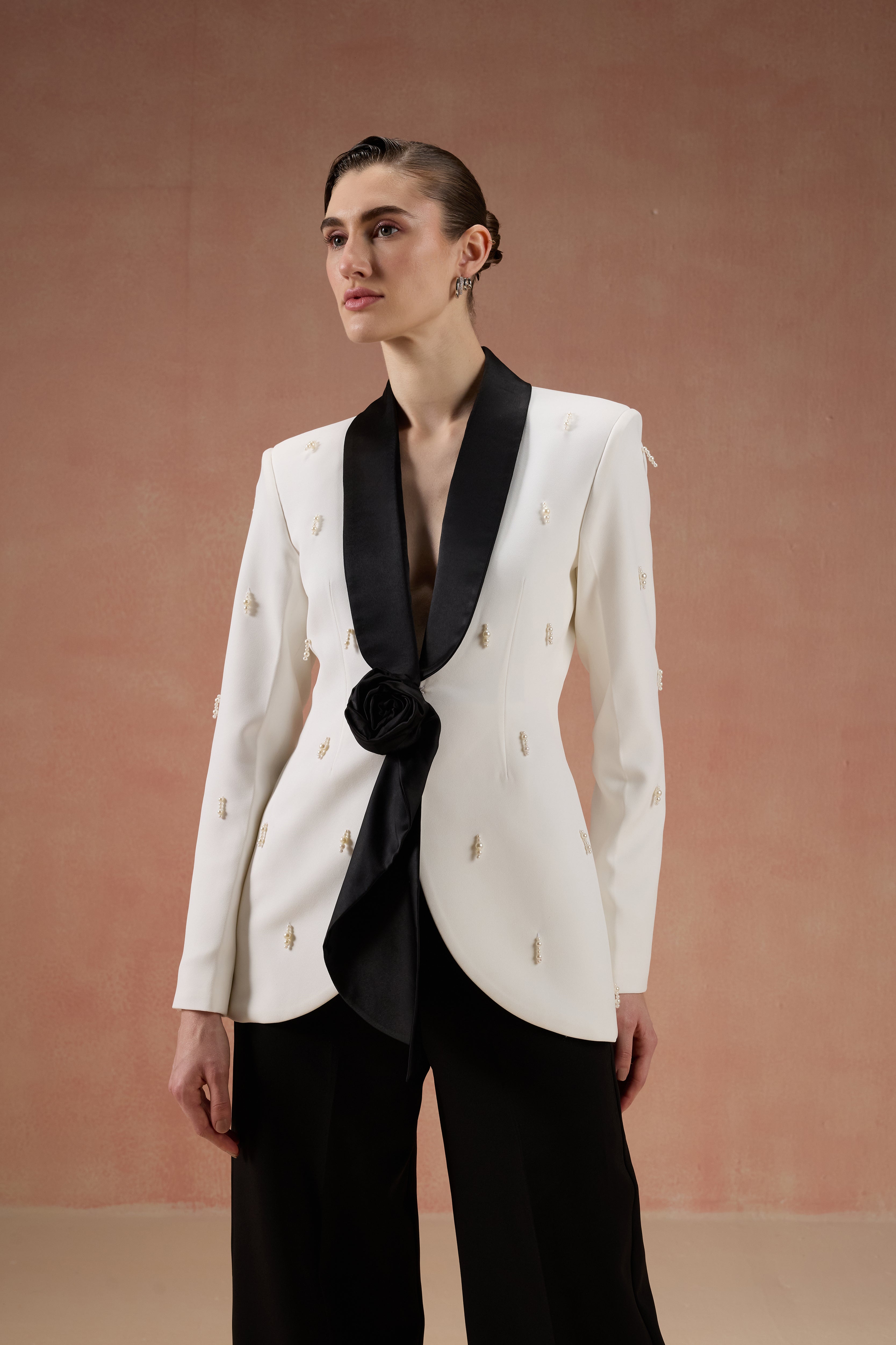IVORY AND BLACK ROSE BLAZER SET