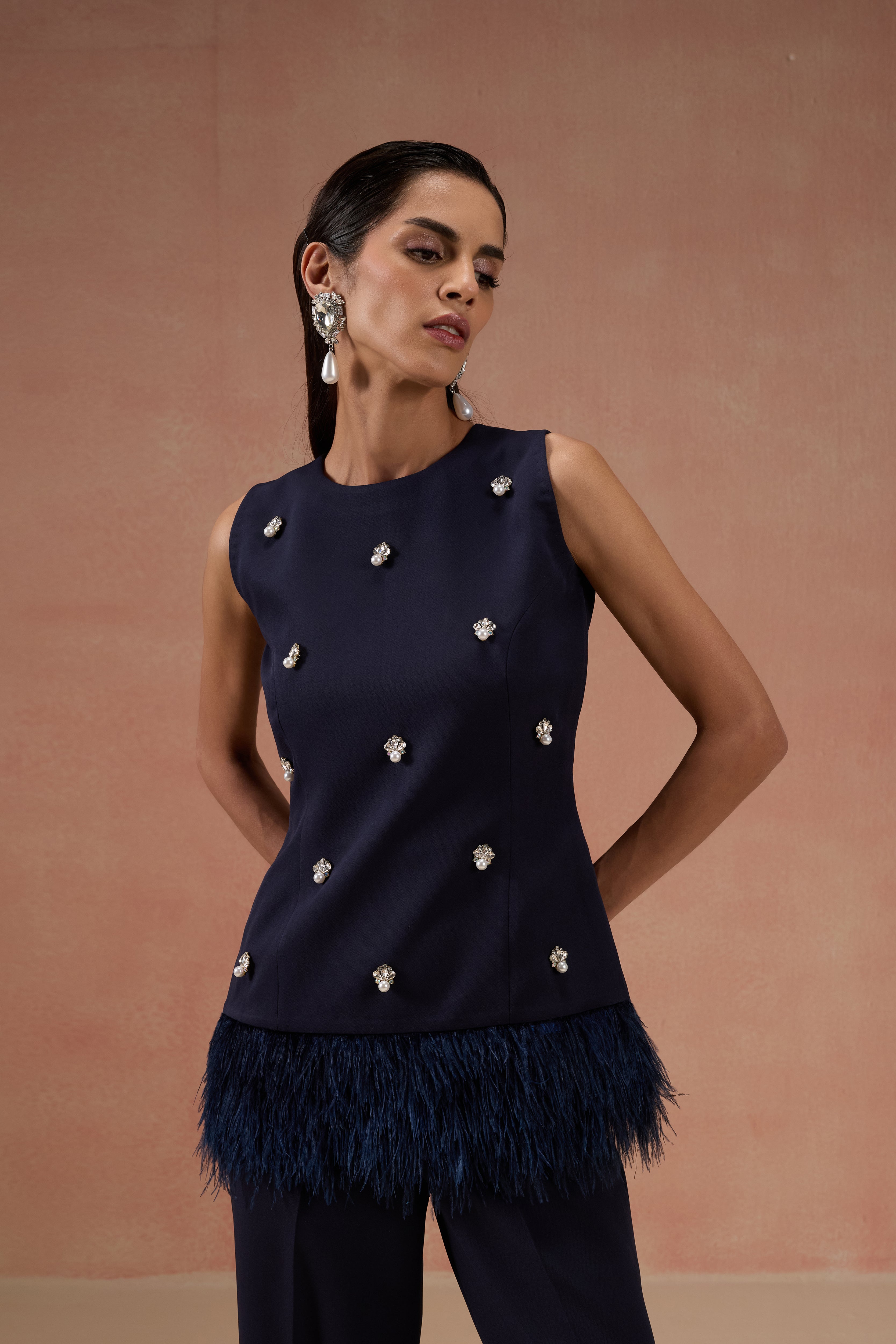 NAVY EMBELLISHED FEATHER CO-ORD SET