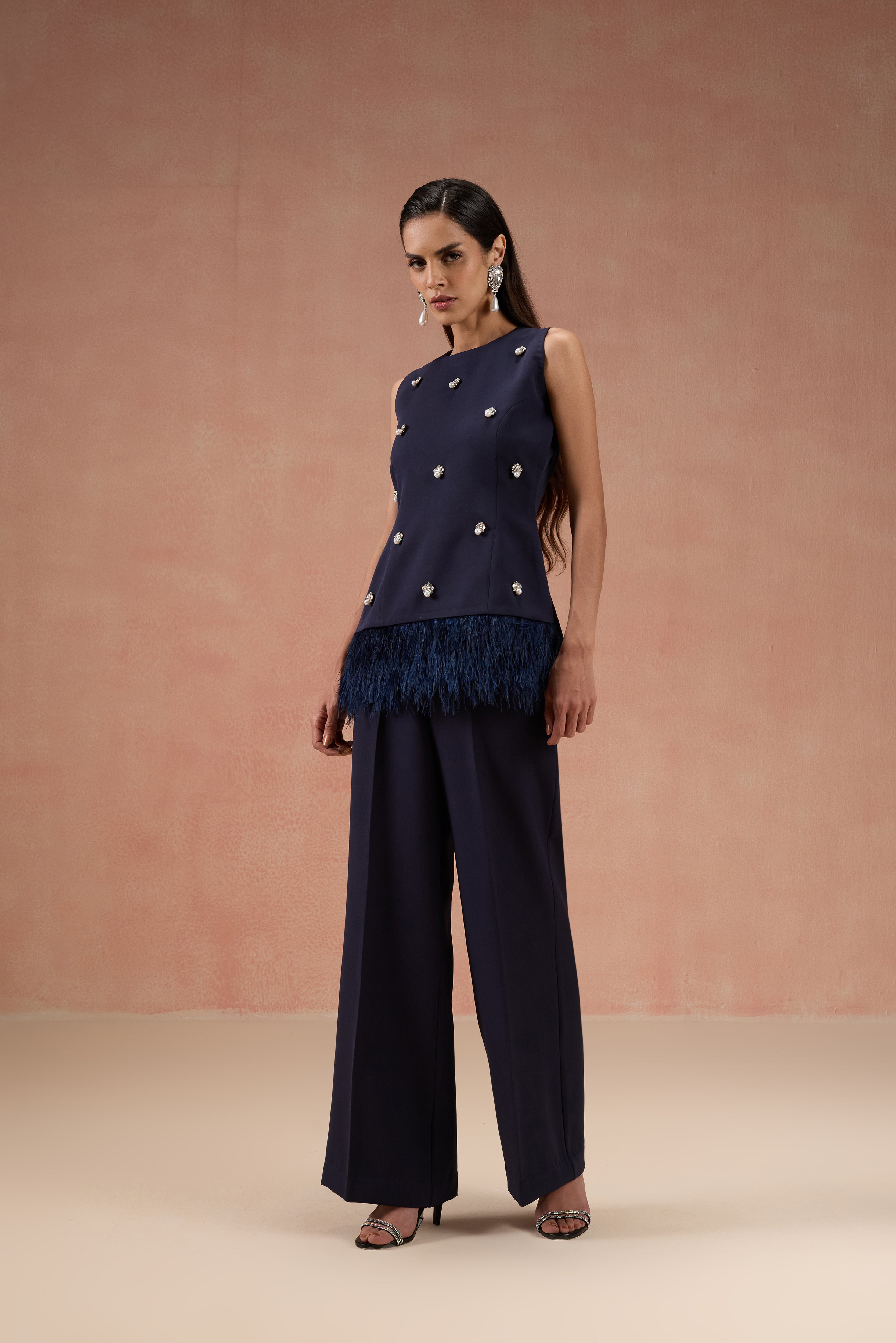 NAVY EMBELLISHED FEATHER CO-ORD SET