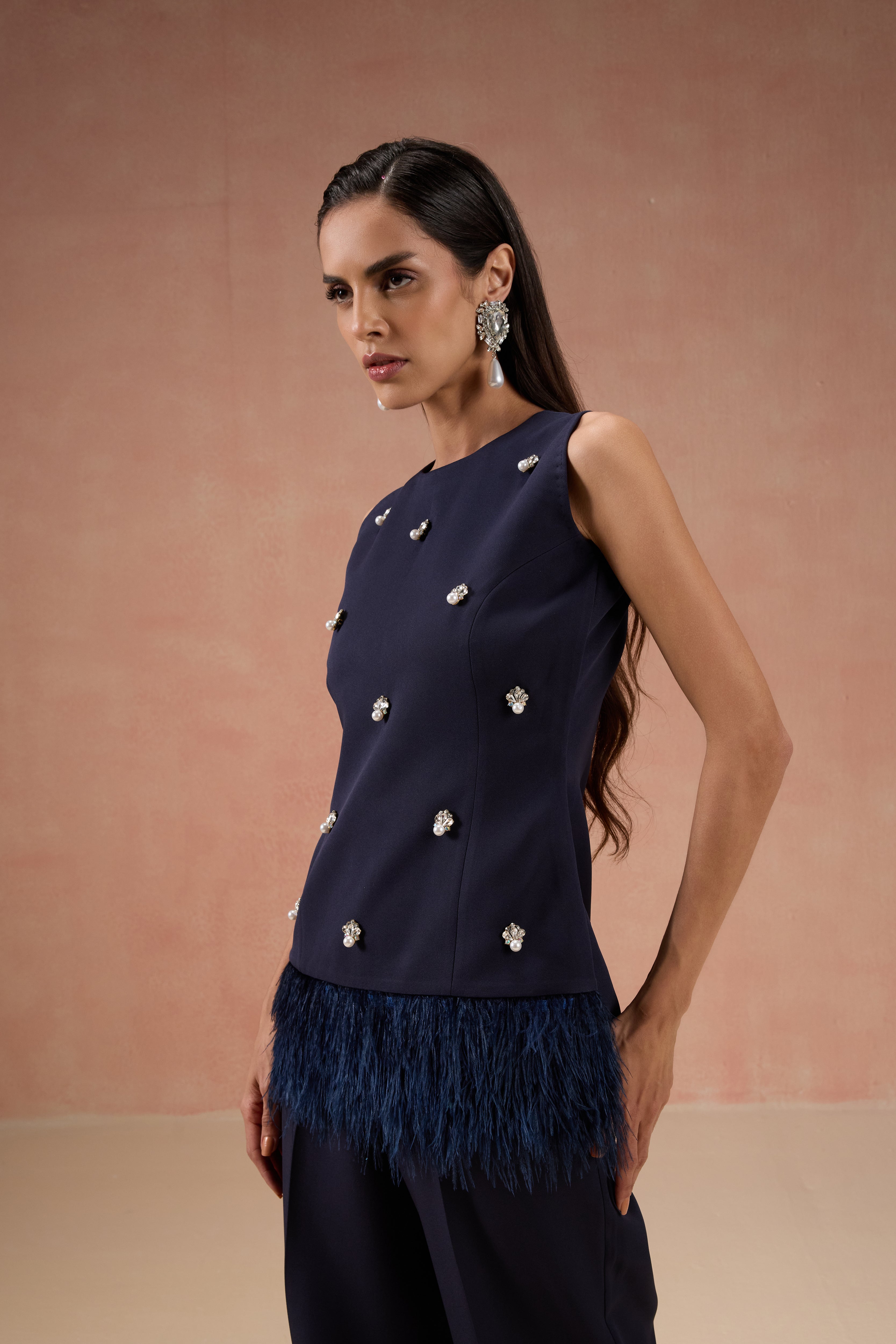 NAVY EMBELLISHED FEATHER CO-ORD SET