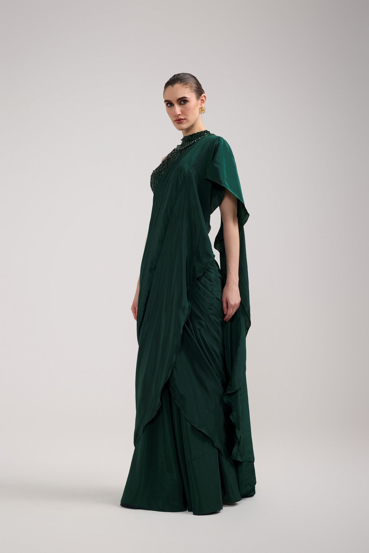 EMERALD SEQUIN RUFFLE SAREE SET