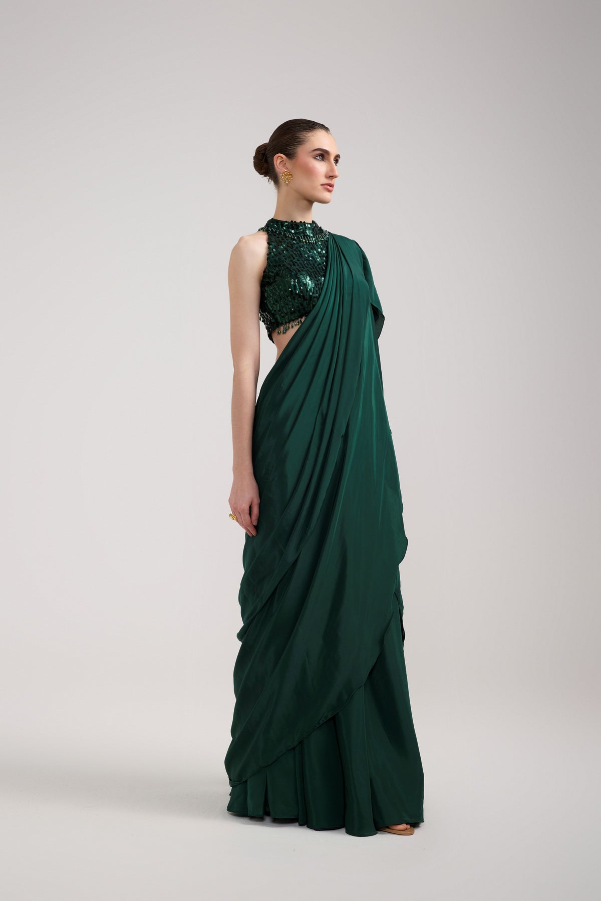 EMERALD SEQUIN RUFFLE SAREE SET