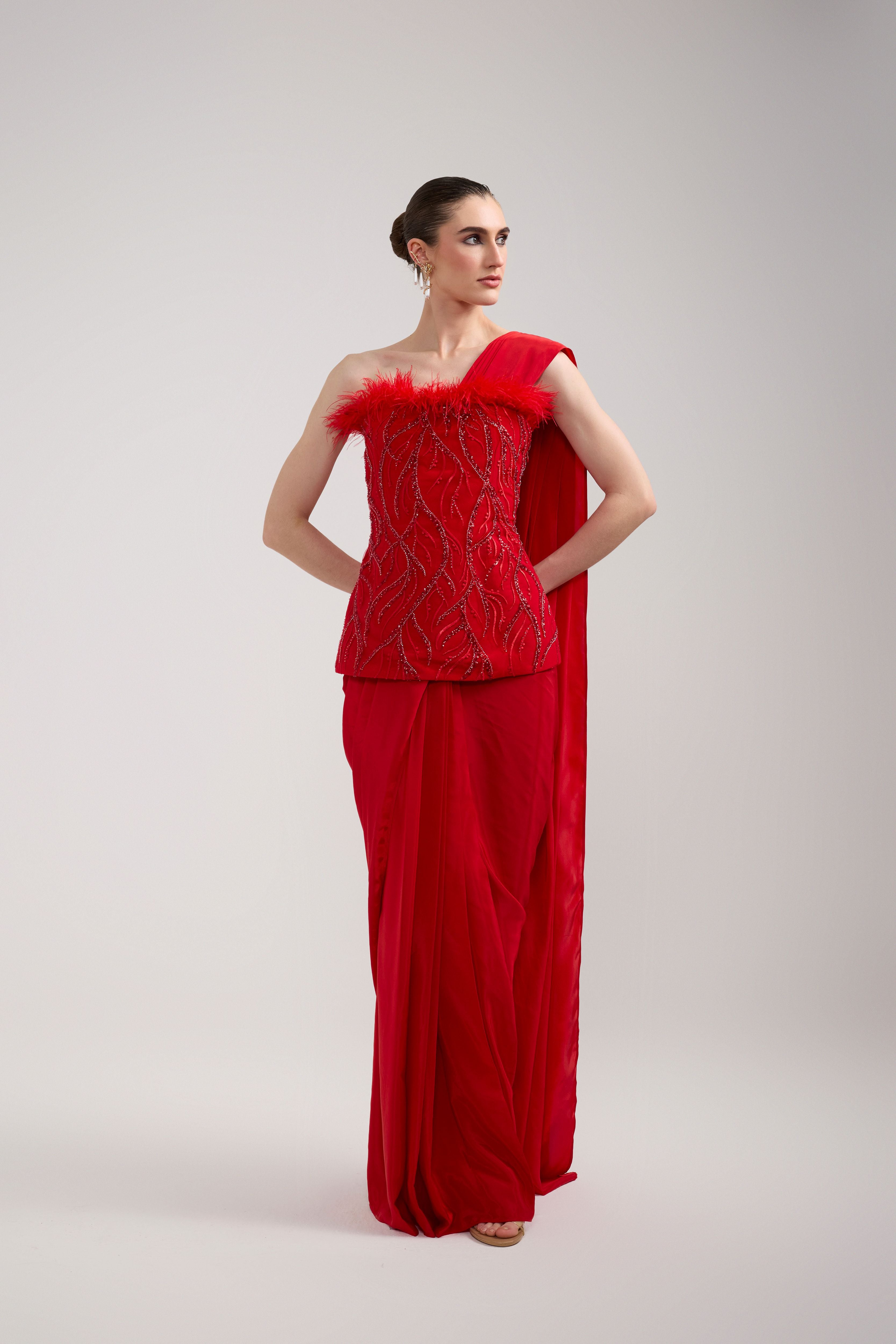 RED SEQUIN FEATHER CORSET SAREE