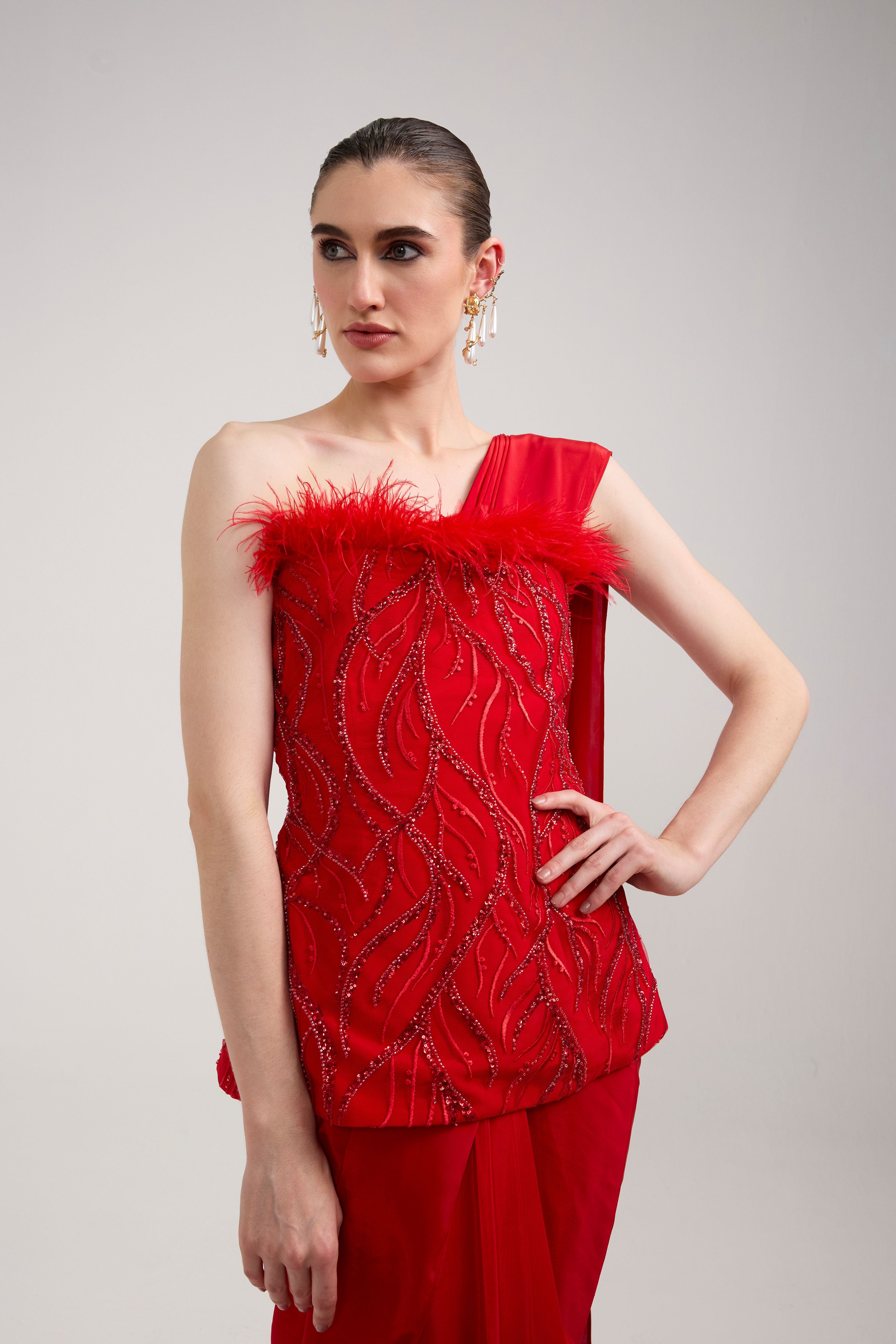 RED SEQUIN FEATHER CORSET SAREE