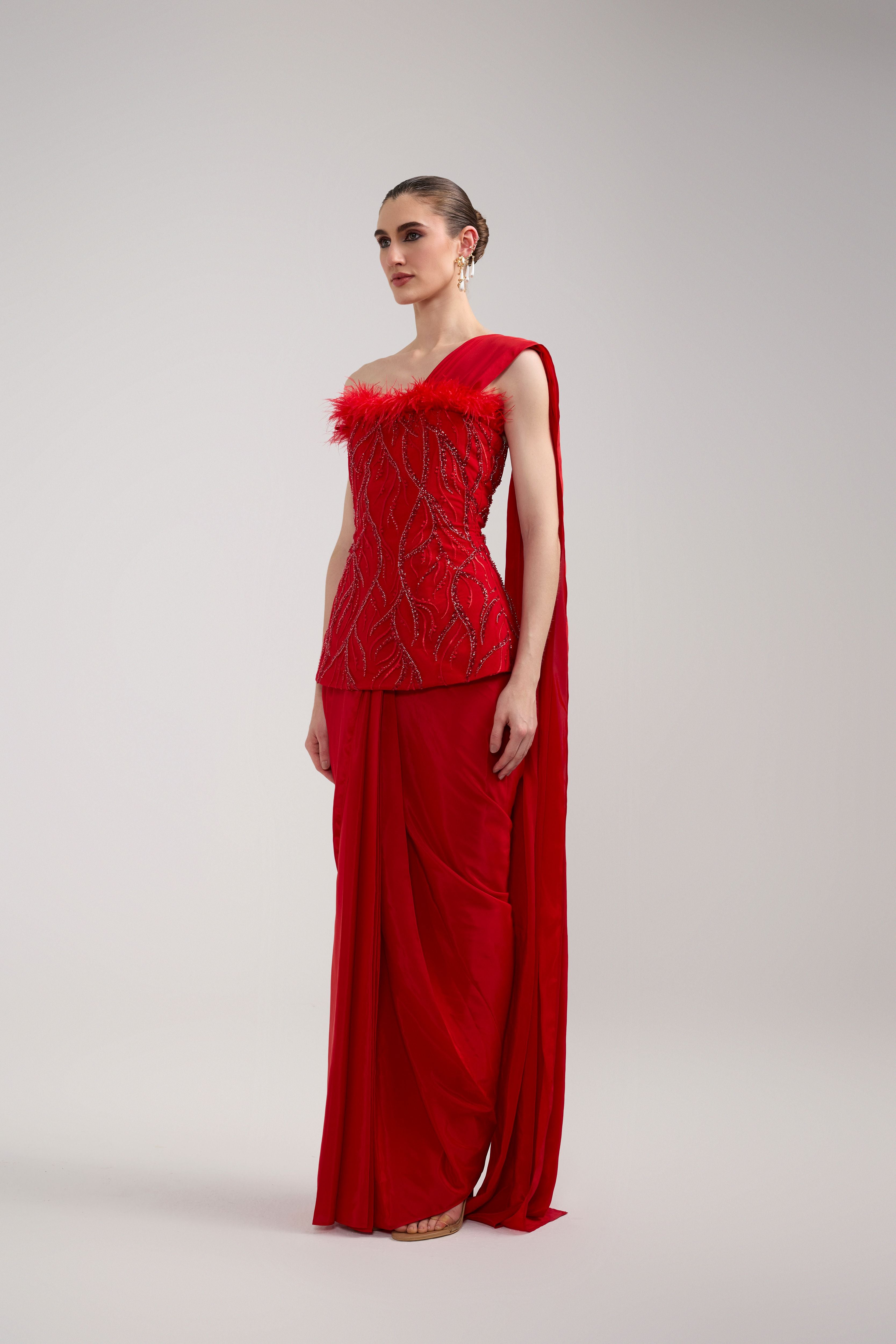 RED SEQUIN FEATHER CORSET SAREE