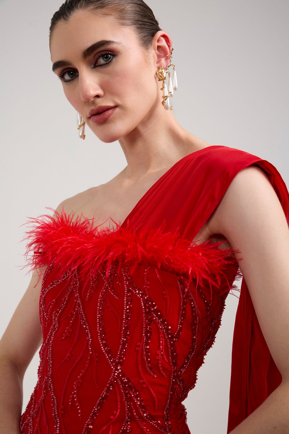 RED SEQUIN FEATHER CORSET SAREE