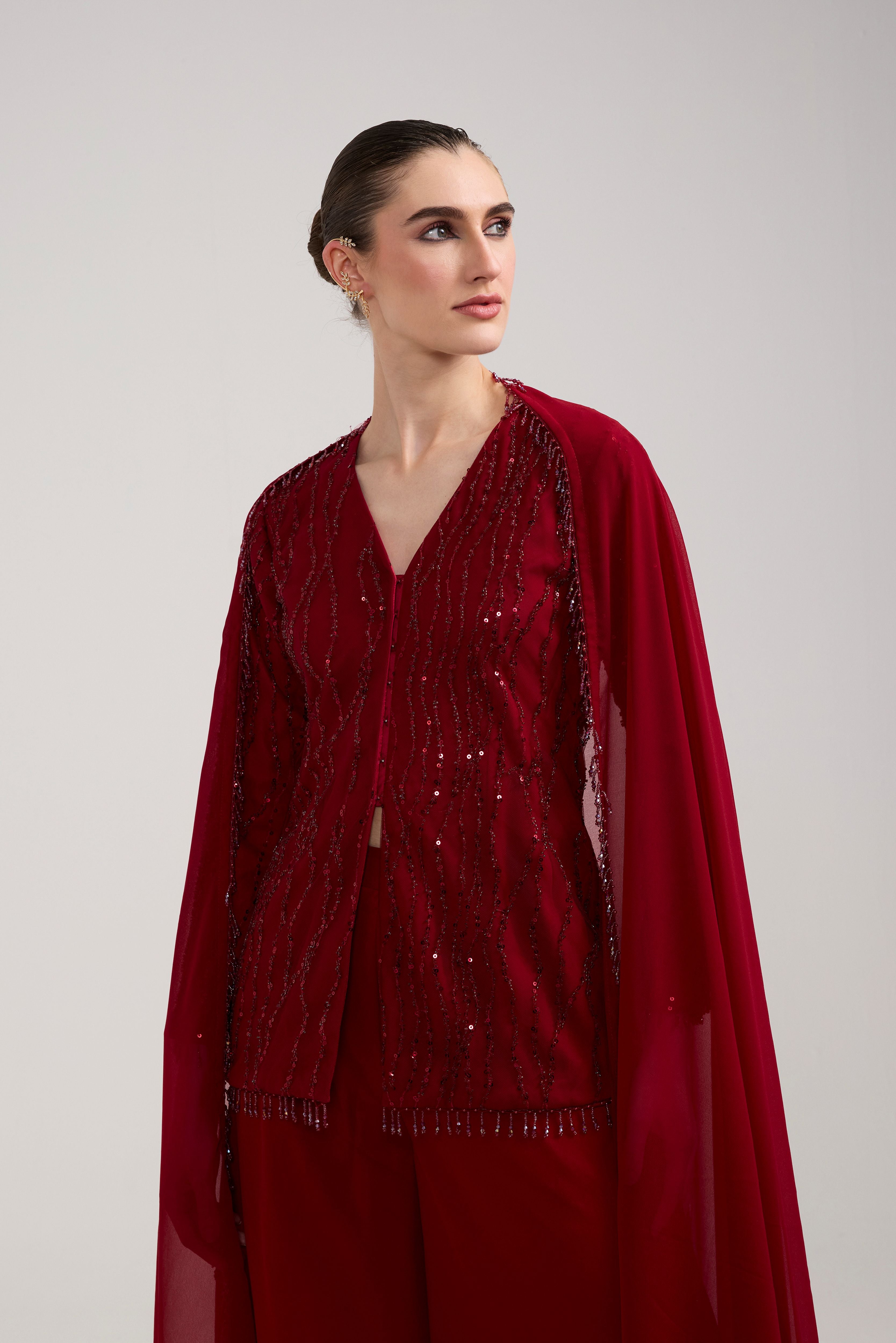 MAROON SEQUIN BEADED SHARARA SET