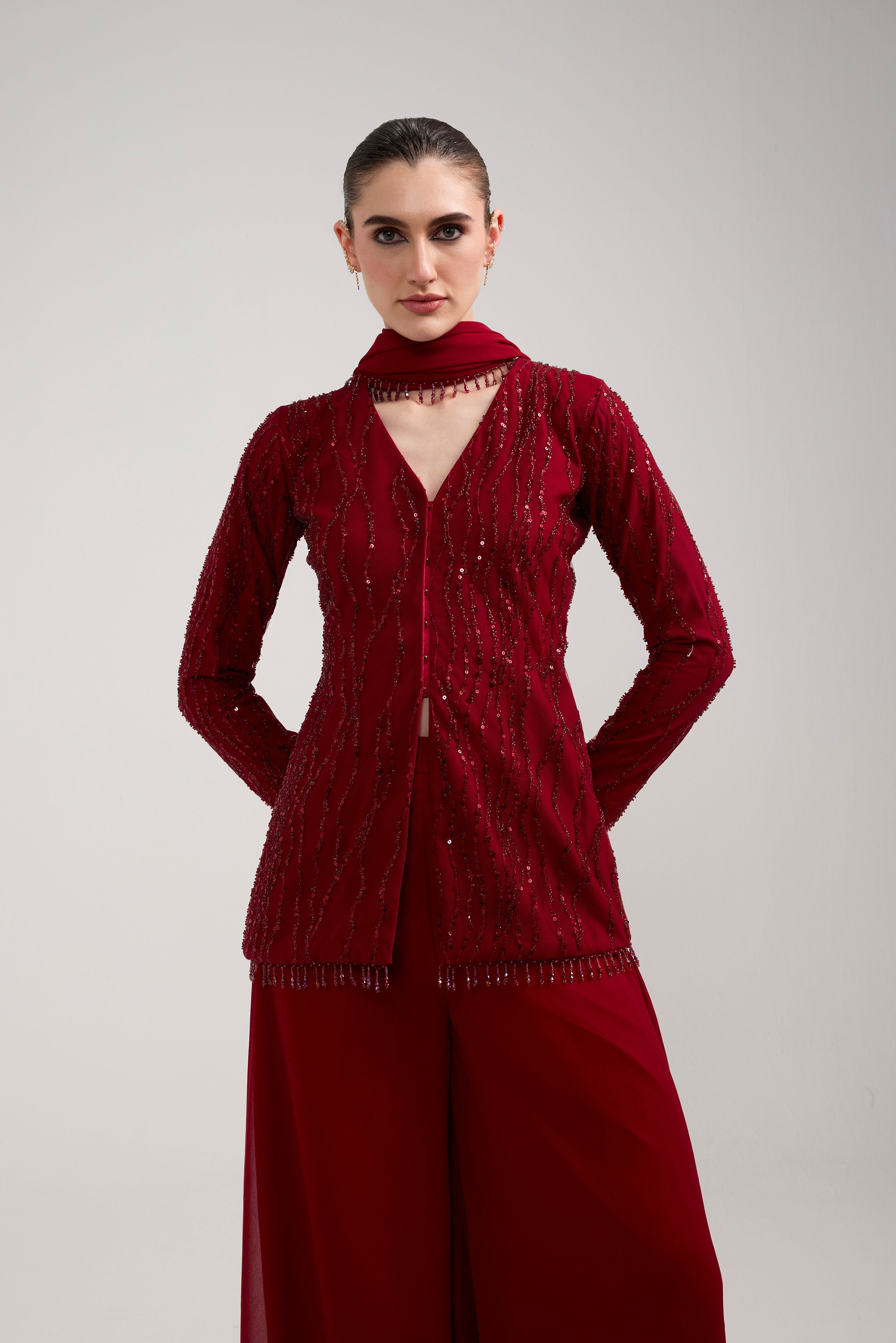MAROON SEQUIN BEADED SHARARA SET