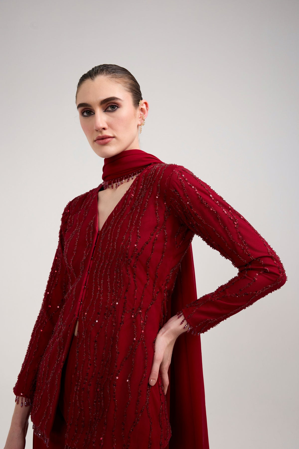 MAROON SEQUIN BEADED SHARARA SET