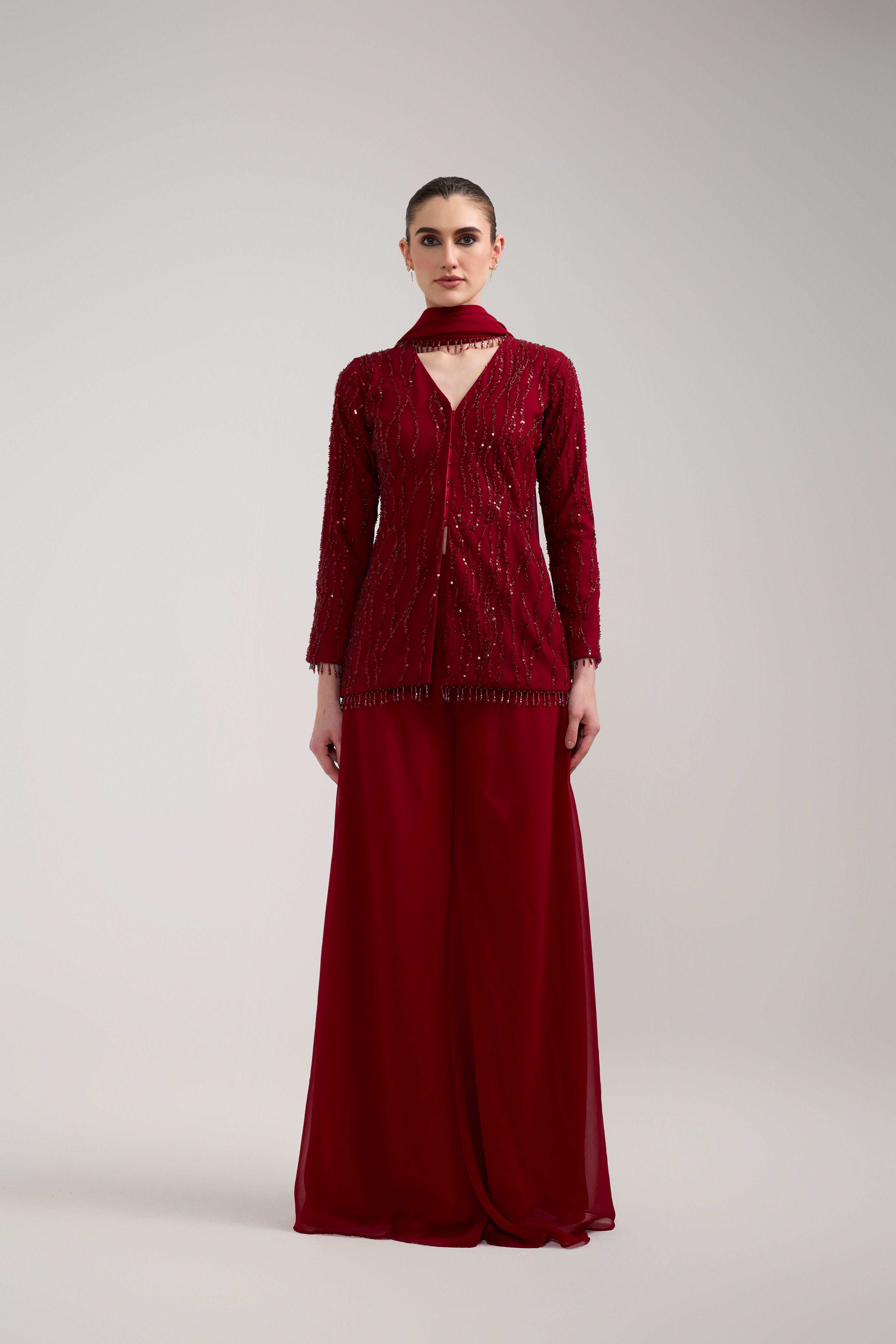 MAROON SEQUIN BEADED SHARARA SET