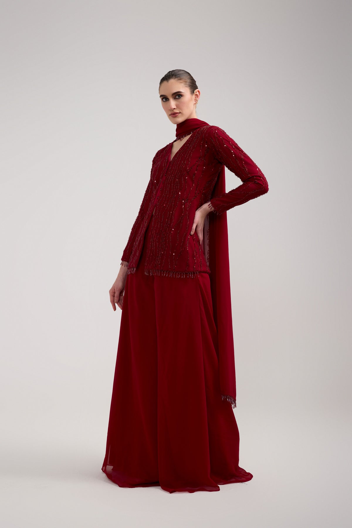 MAROON SEQUIN BEADED SHARARA SET