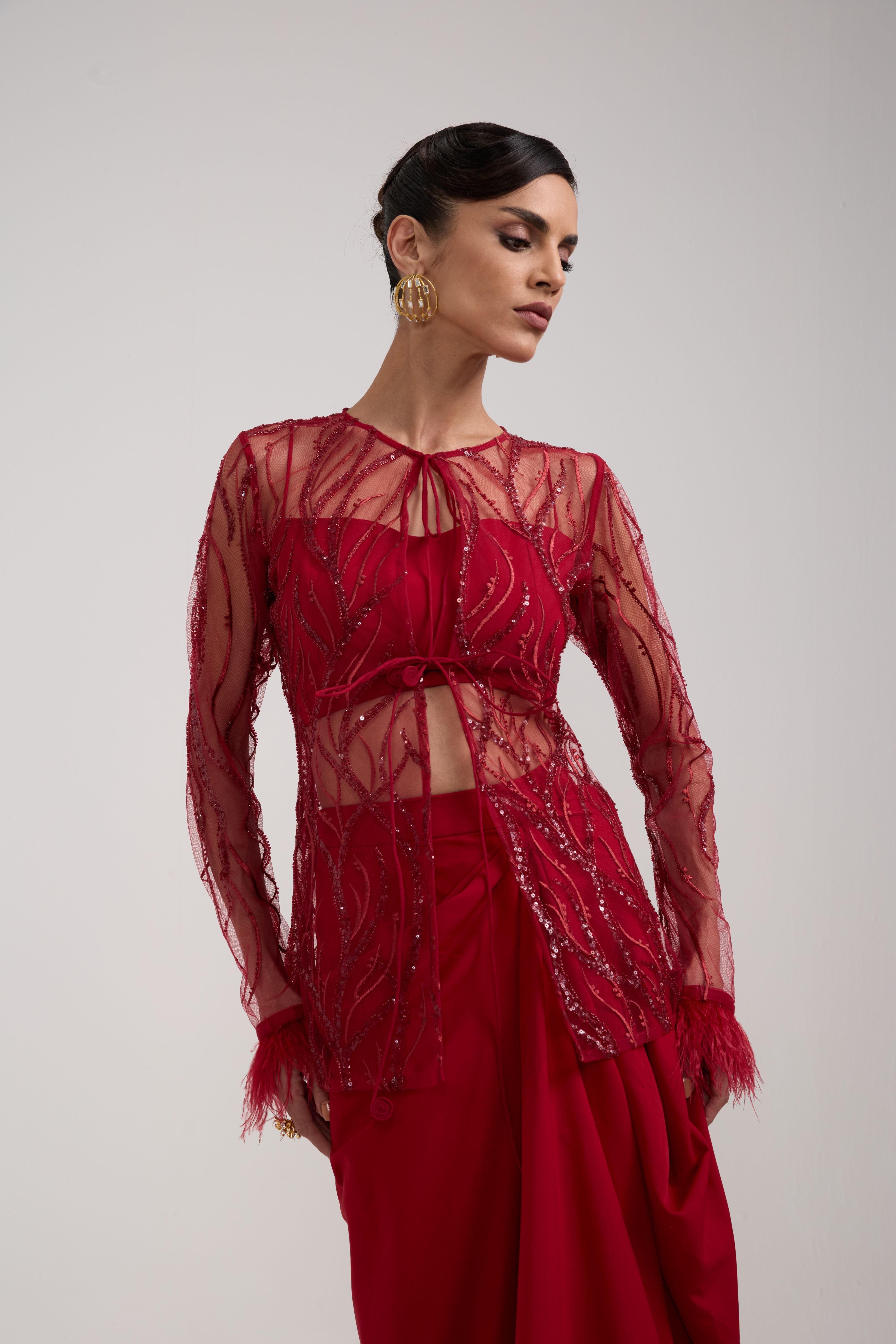 MAROON DRAPED SKIRT SET