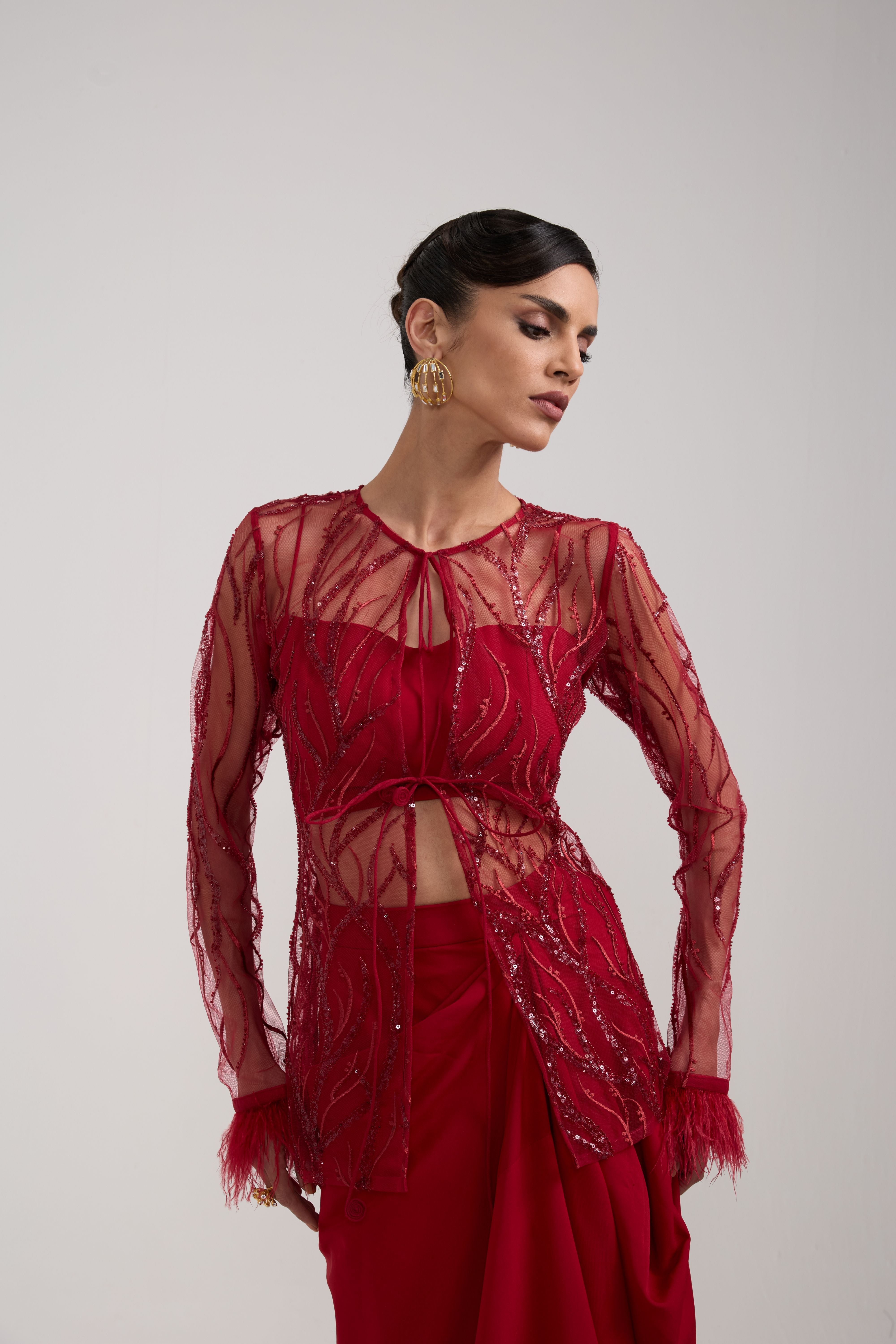 MAROON DRAPED SKIRT SET