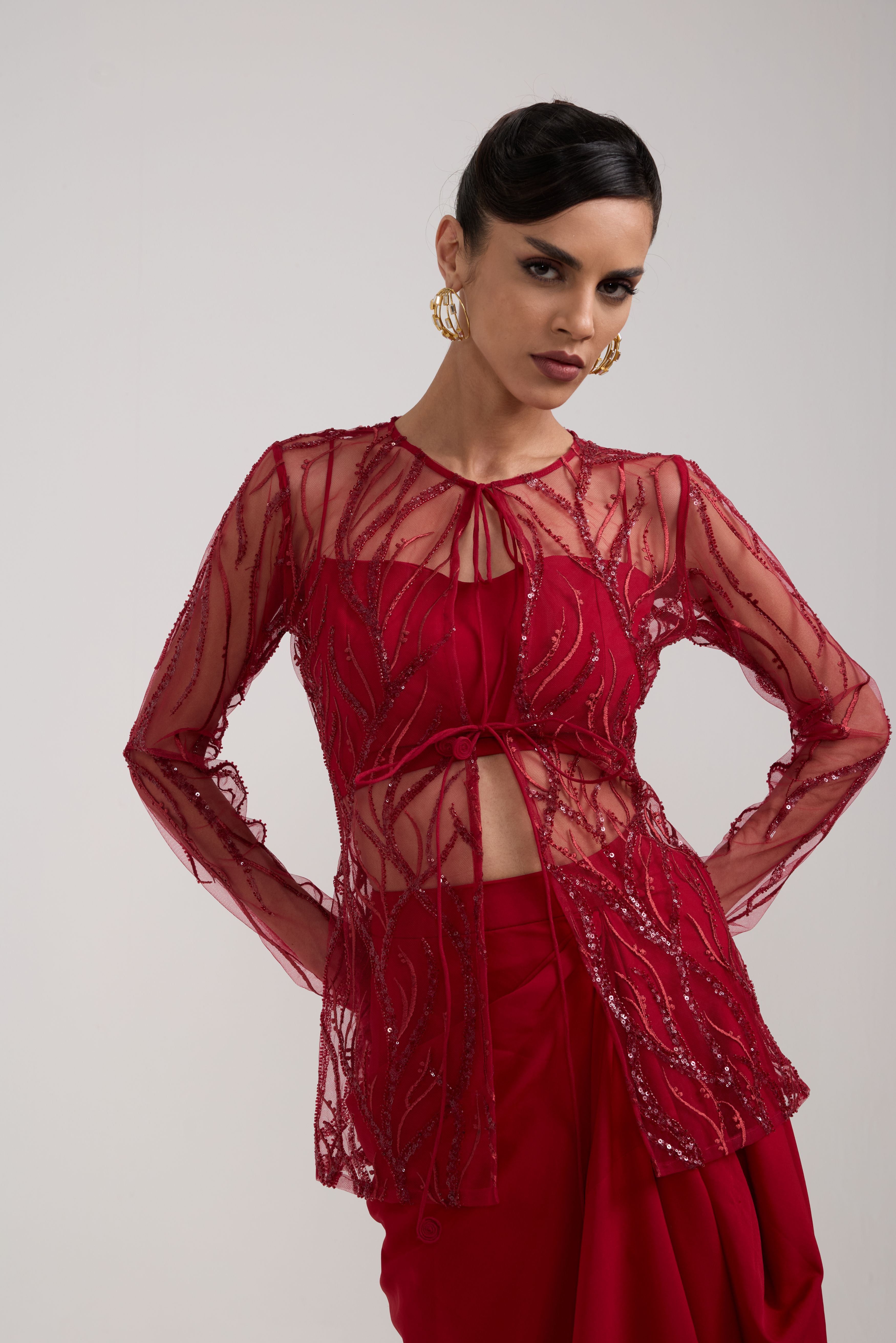 MAROON DRAPED SKIRT SET
