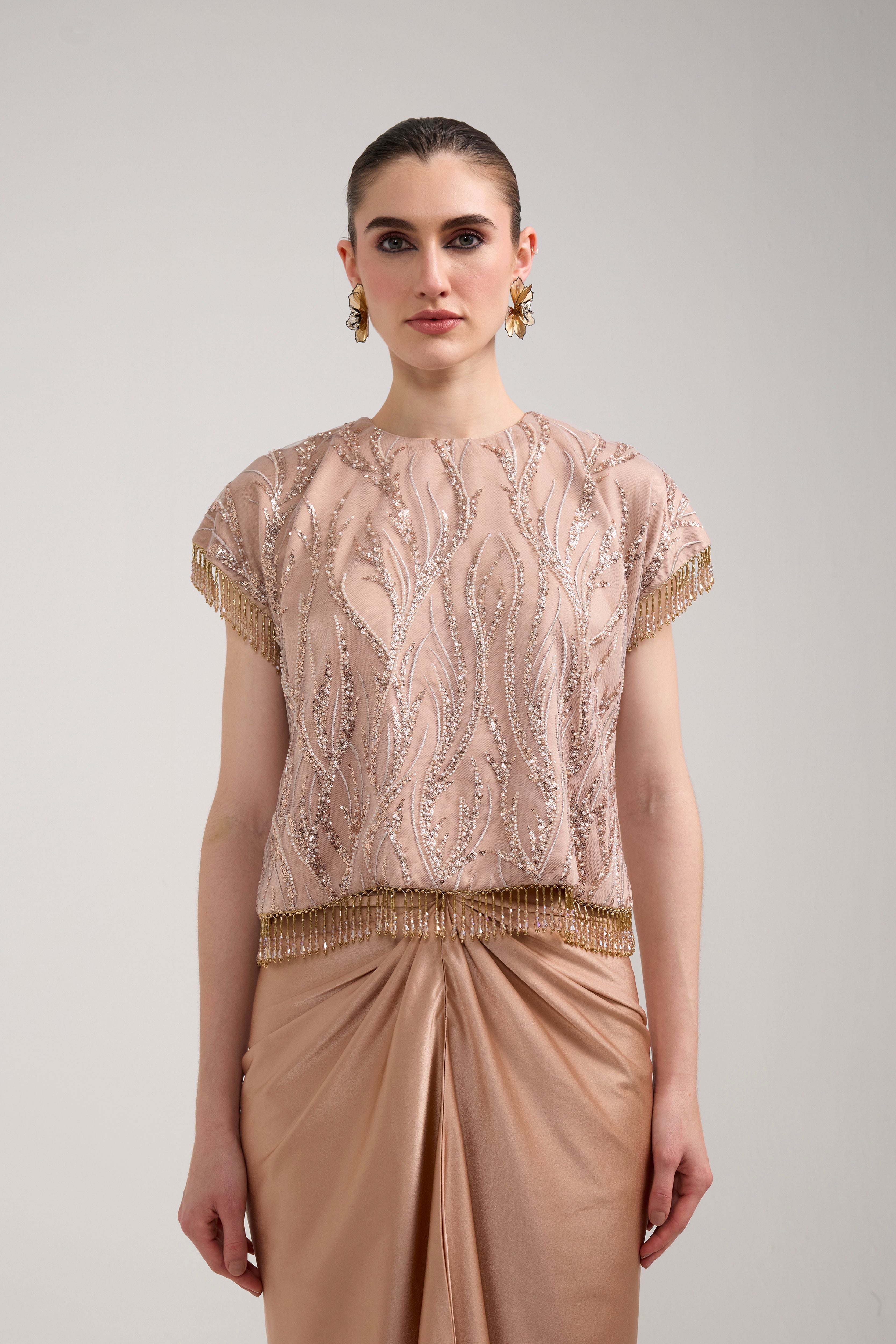 CHAMPAGNE SEQUIN KNOTTED SKIRT SET