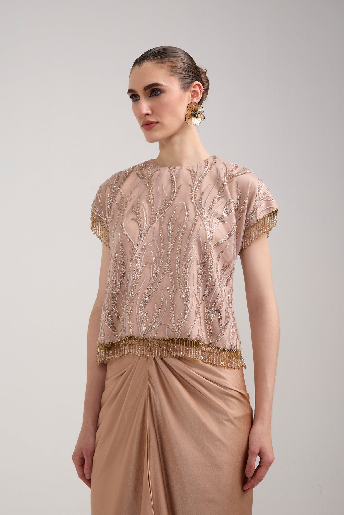 CHAMPAGNE SEQUIN KNOTTED SKIRT SET