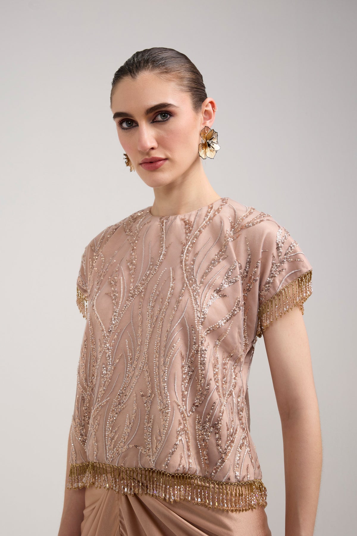 CHAMPAGNE SEQUIN KNOTTED SKIRT SET