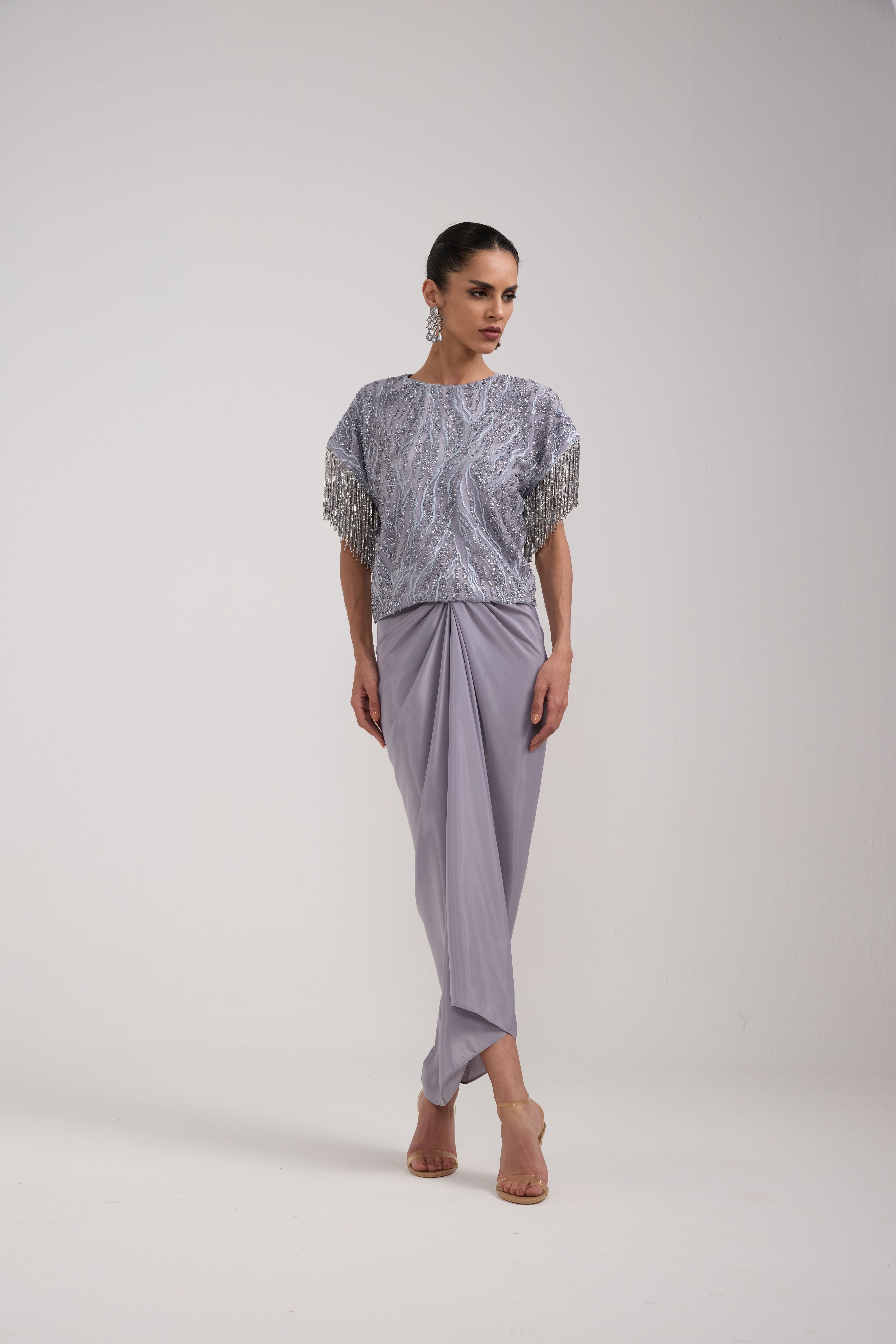 GREY SEQUIN KNOTTED SKIRT SET