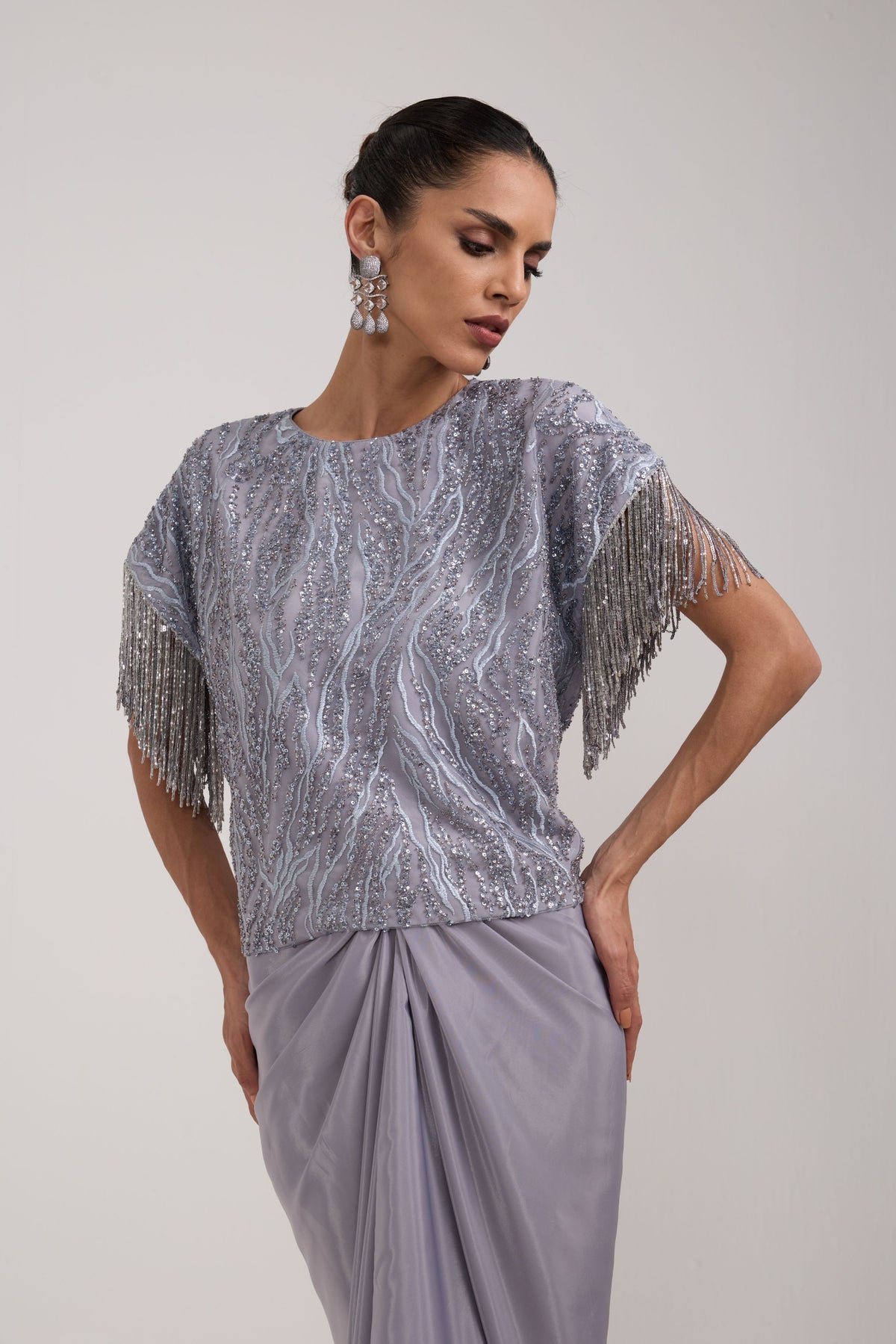 GREY SEQUIN KNOTTED SKIRT SET