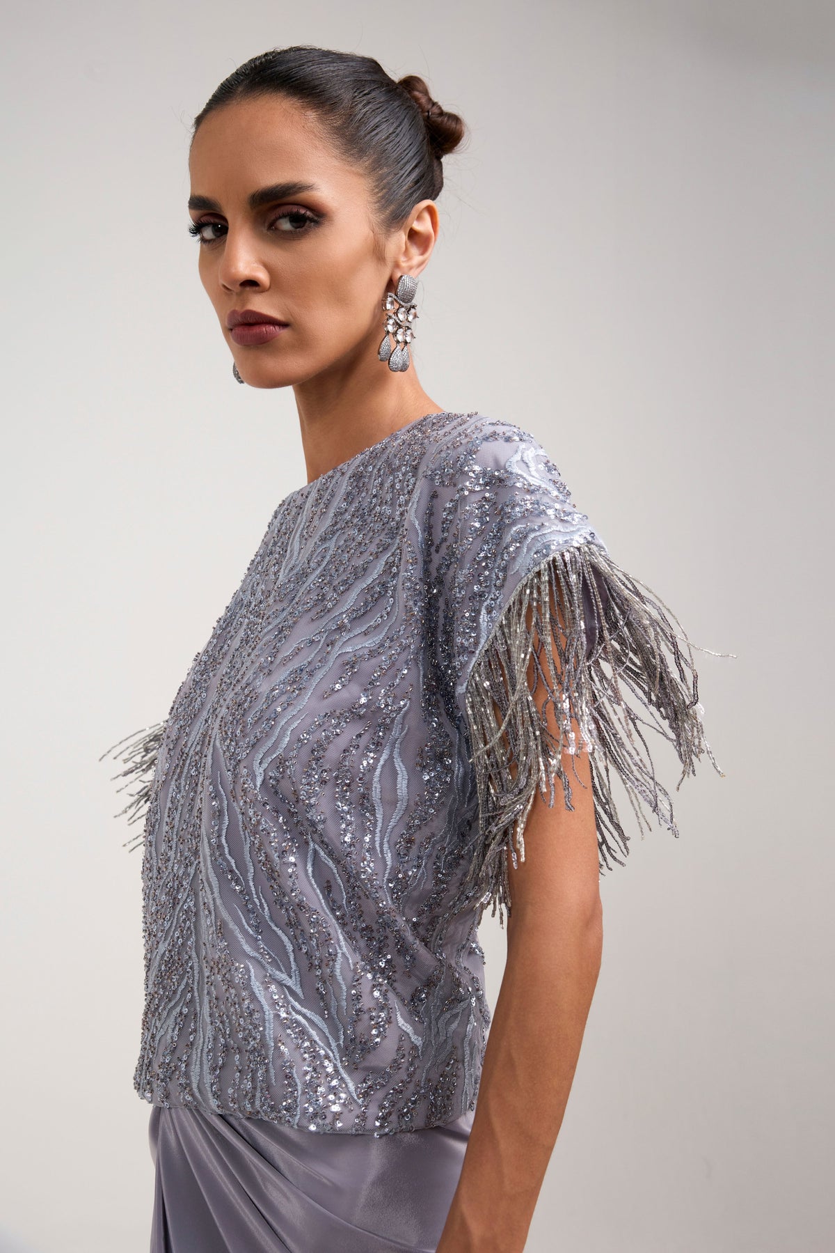 GREY SEQUIN KNOTTED SKIRT SET