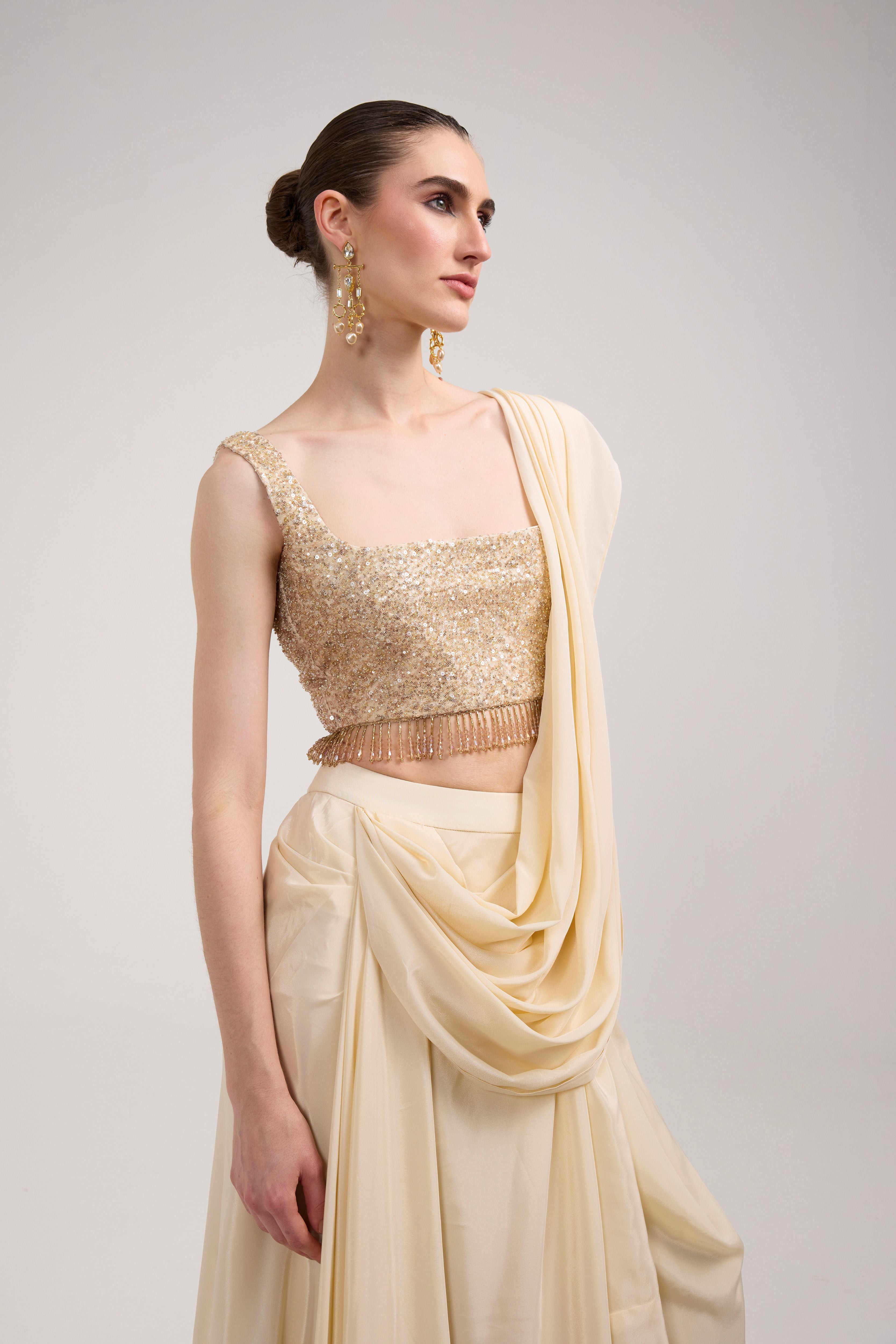 CREAM RUFFLE SAREE SET