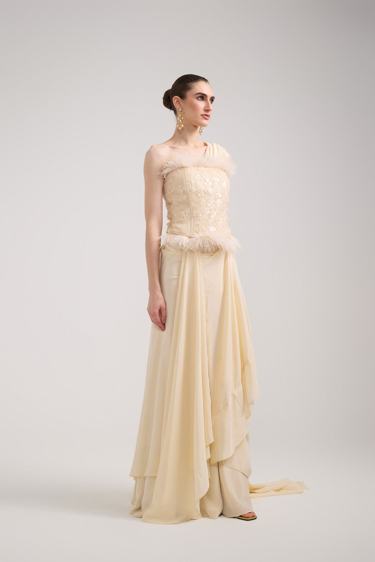 CREAM SEQUIN AND FEATHER SAREE SET