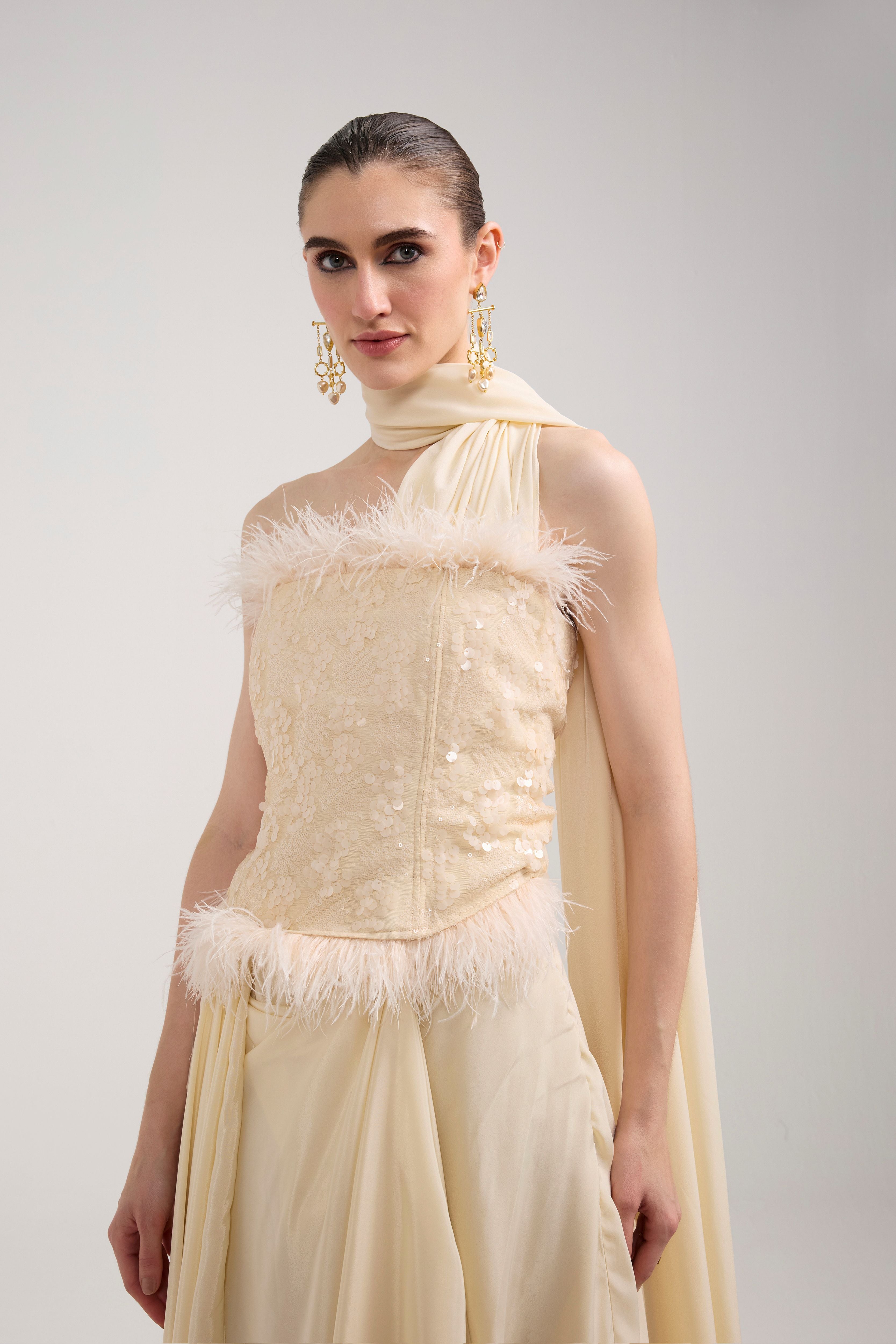 CREAM SEQUIN AND FEATHER SAREE SET