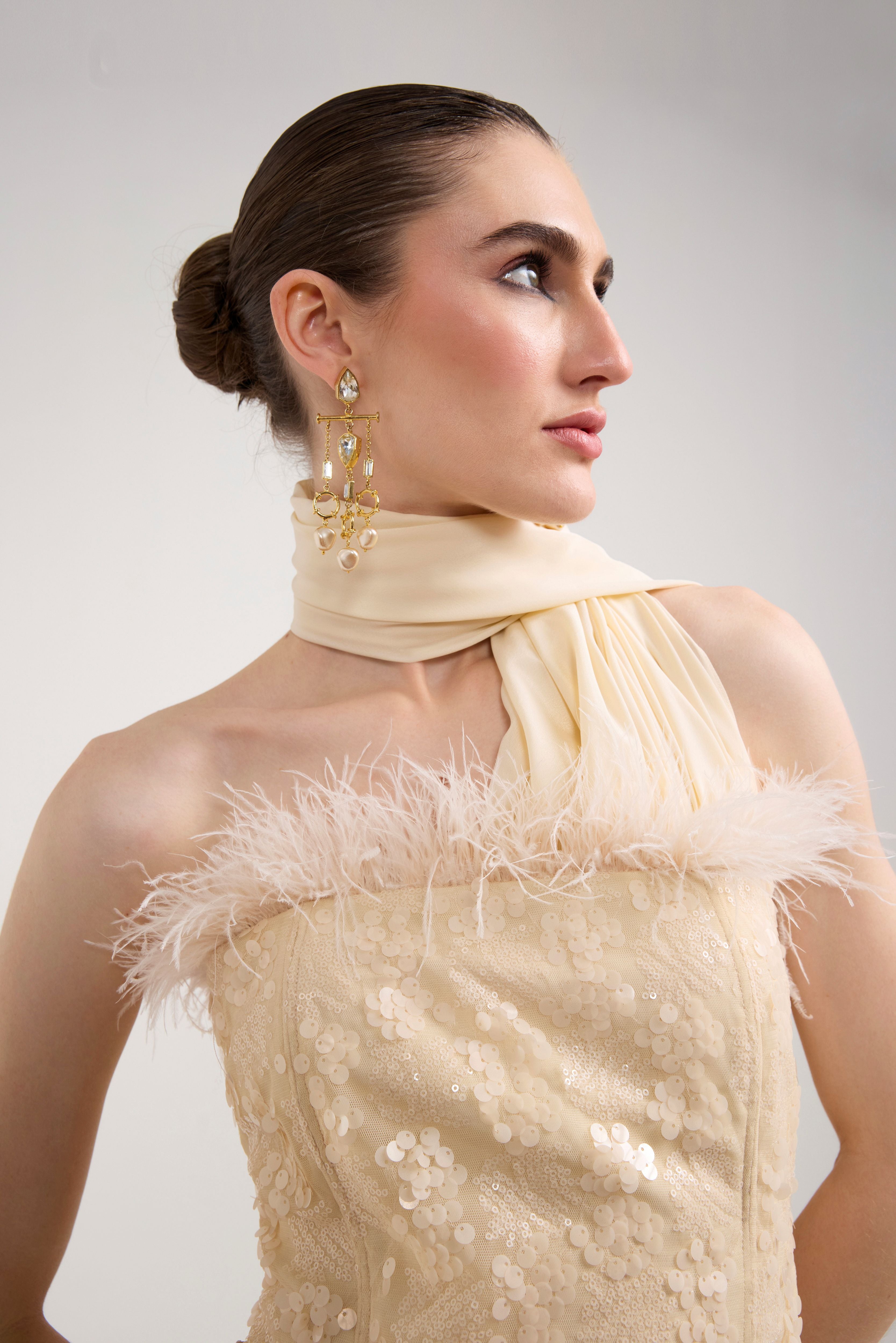 CREAM SEQUIN AND FEATHER SAREE SET