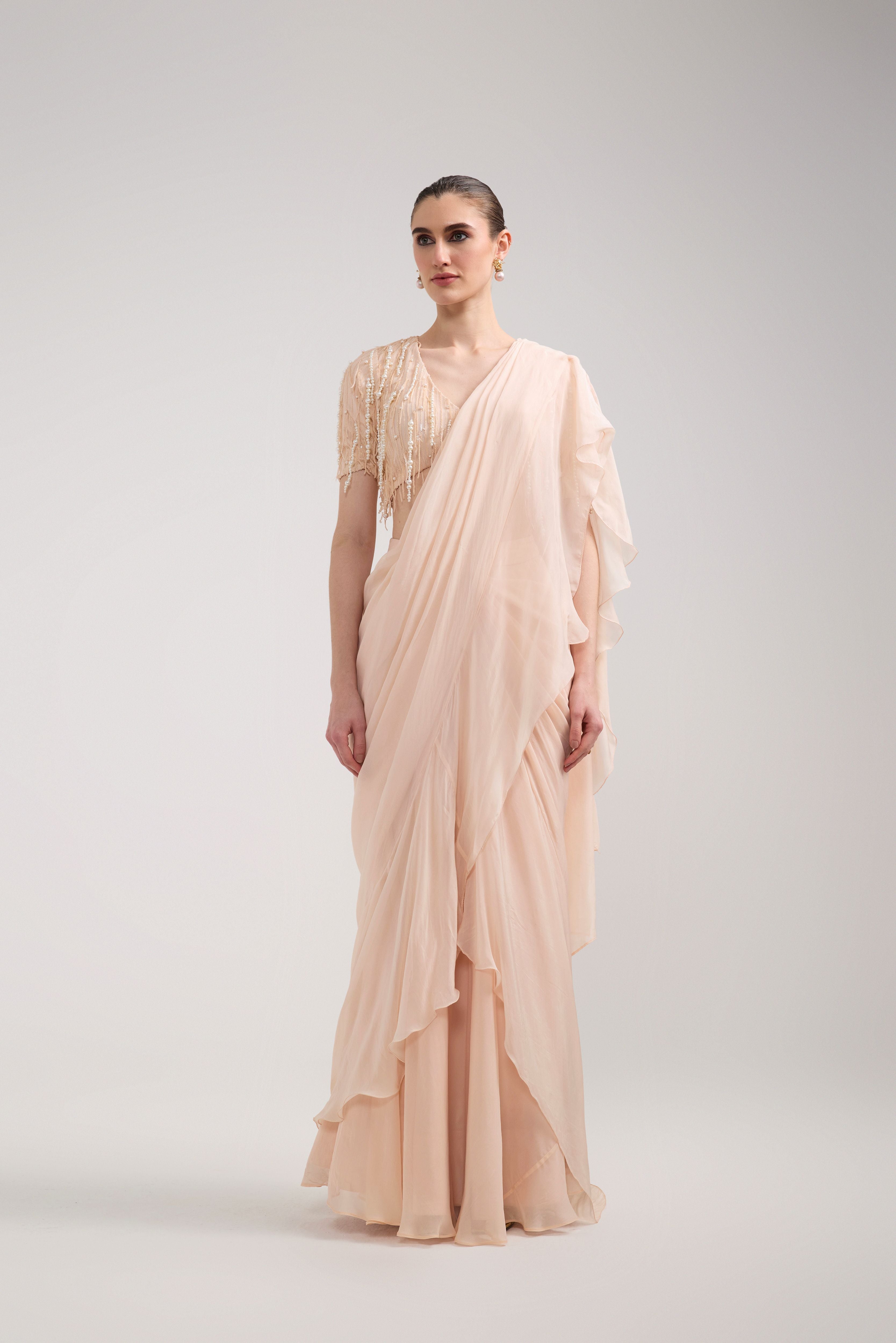 PEACH RUFFLE SAREE SET