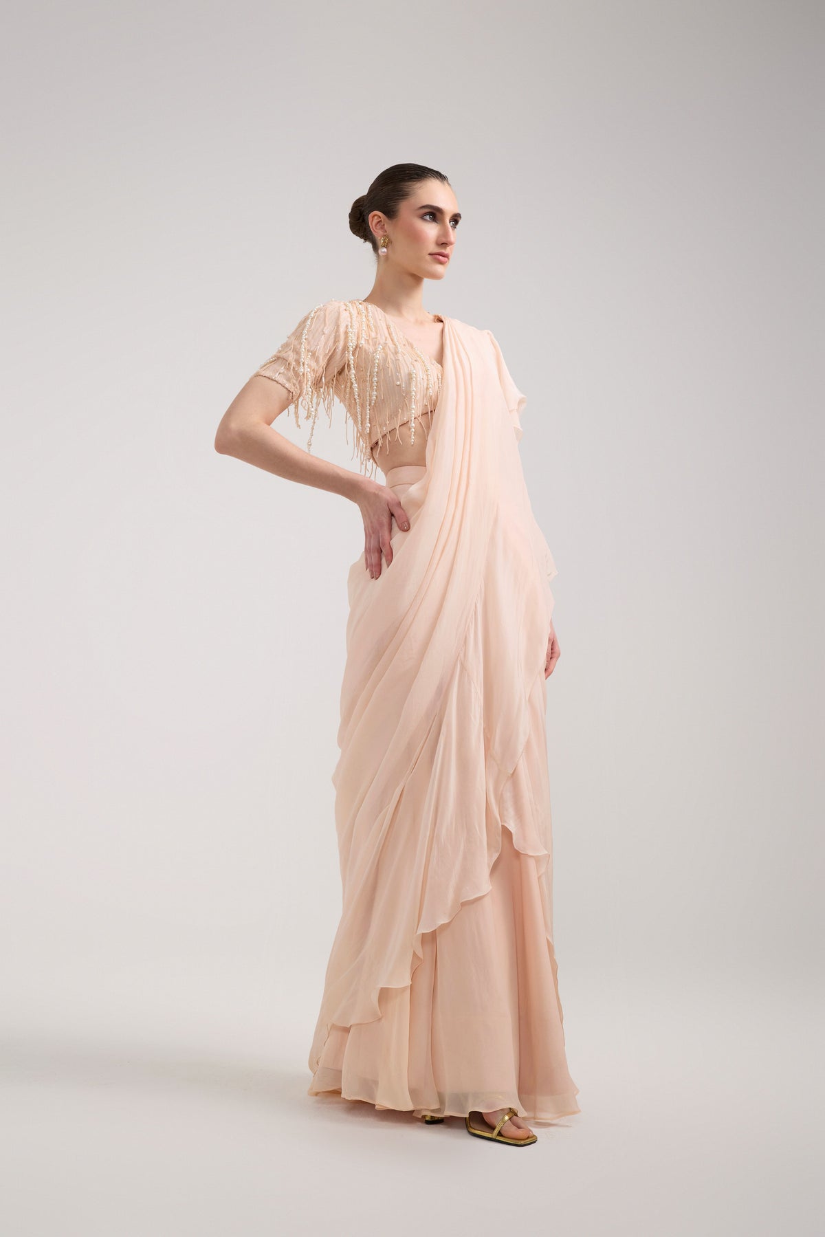 PEACH RUFFLE SAREE SET