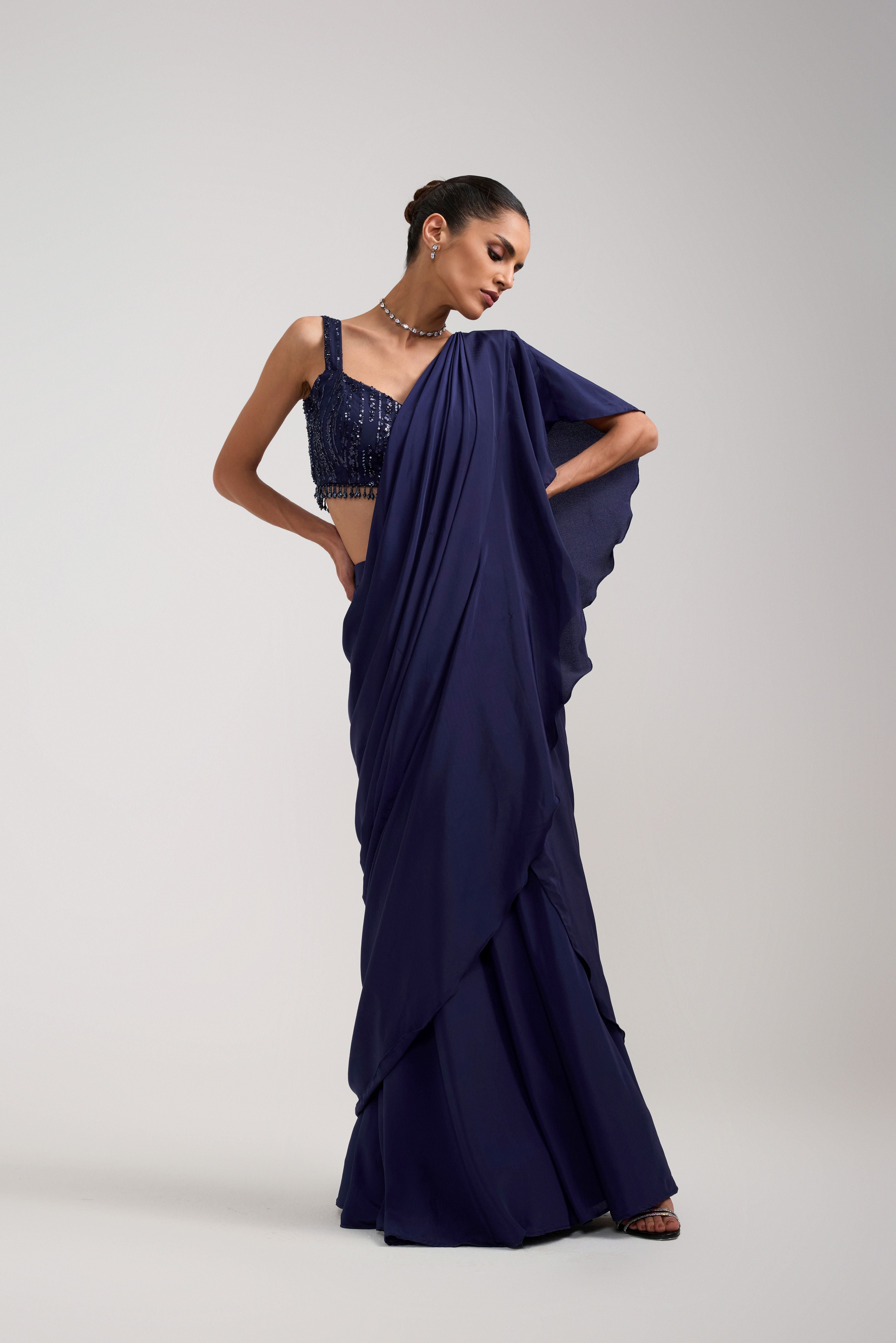 NAVY SEQUIN RUFFLE SAREE SET