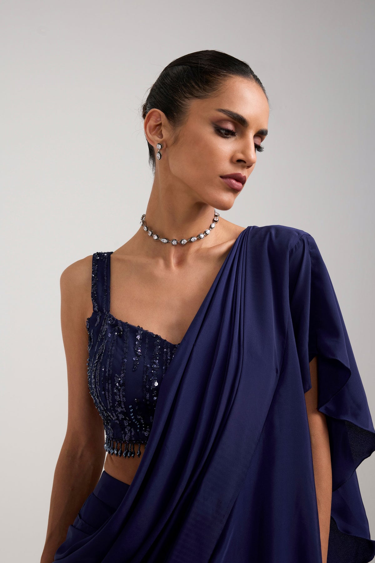 NAVY SEQUIN RUFFLE SAREE SET