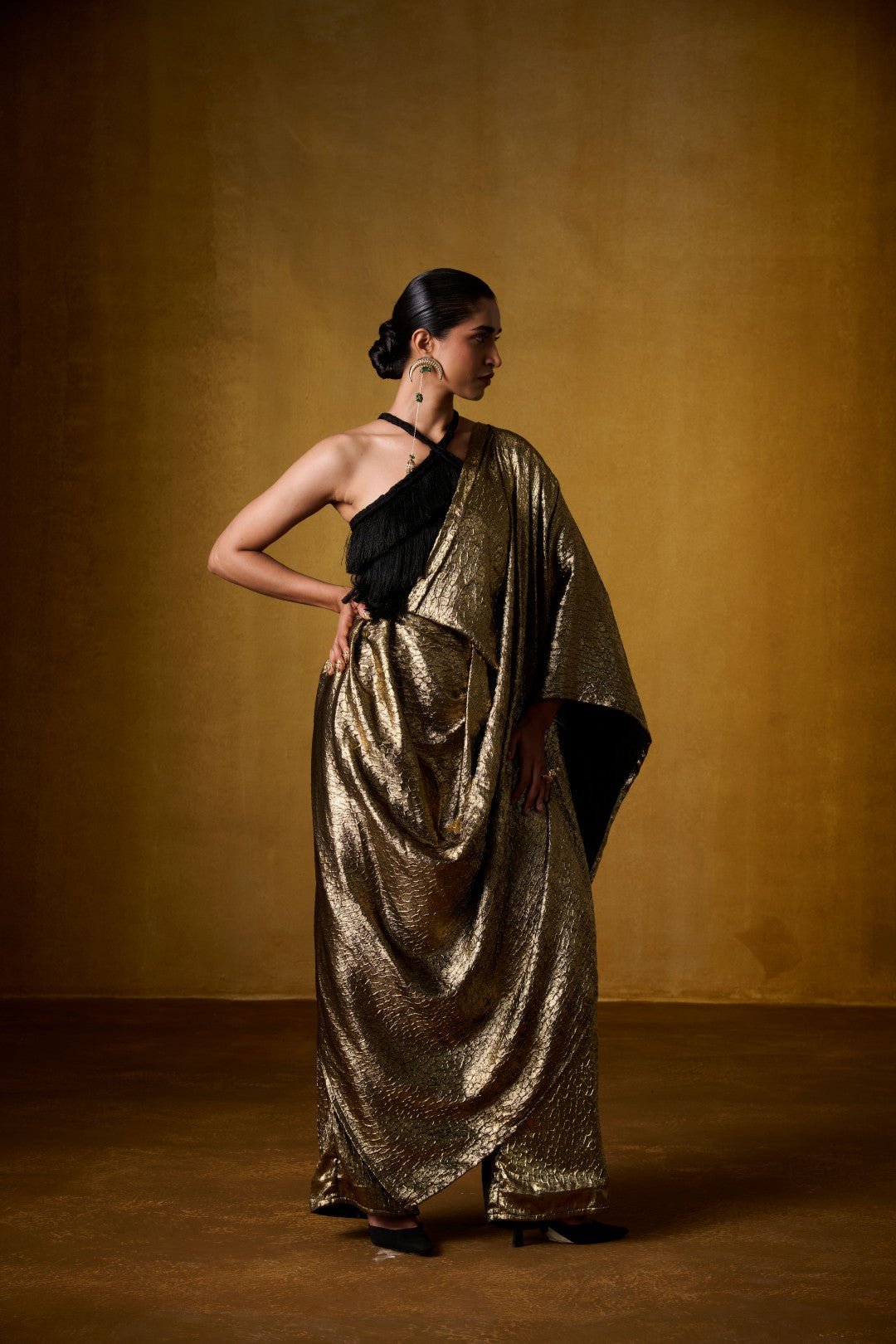 BLACK FRINGE BLOUSE WITH GOLDEN PANT SAREE