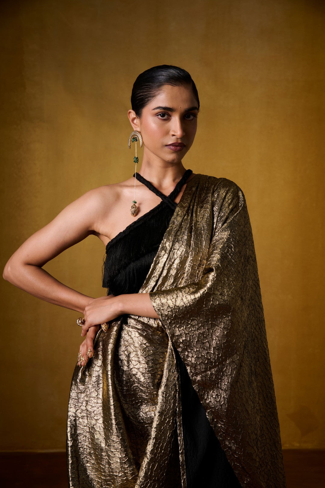 BLACK FRINGE BLOUSE WITH GOLDEN PANT SAREE