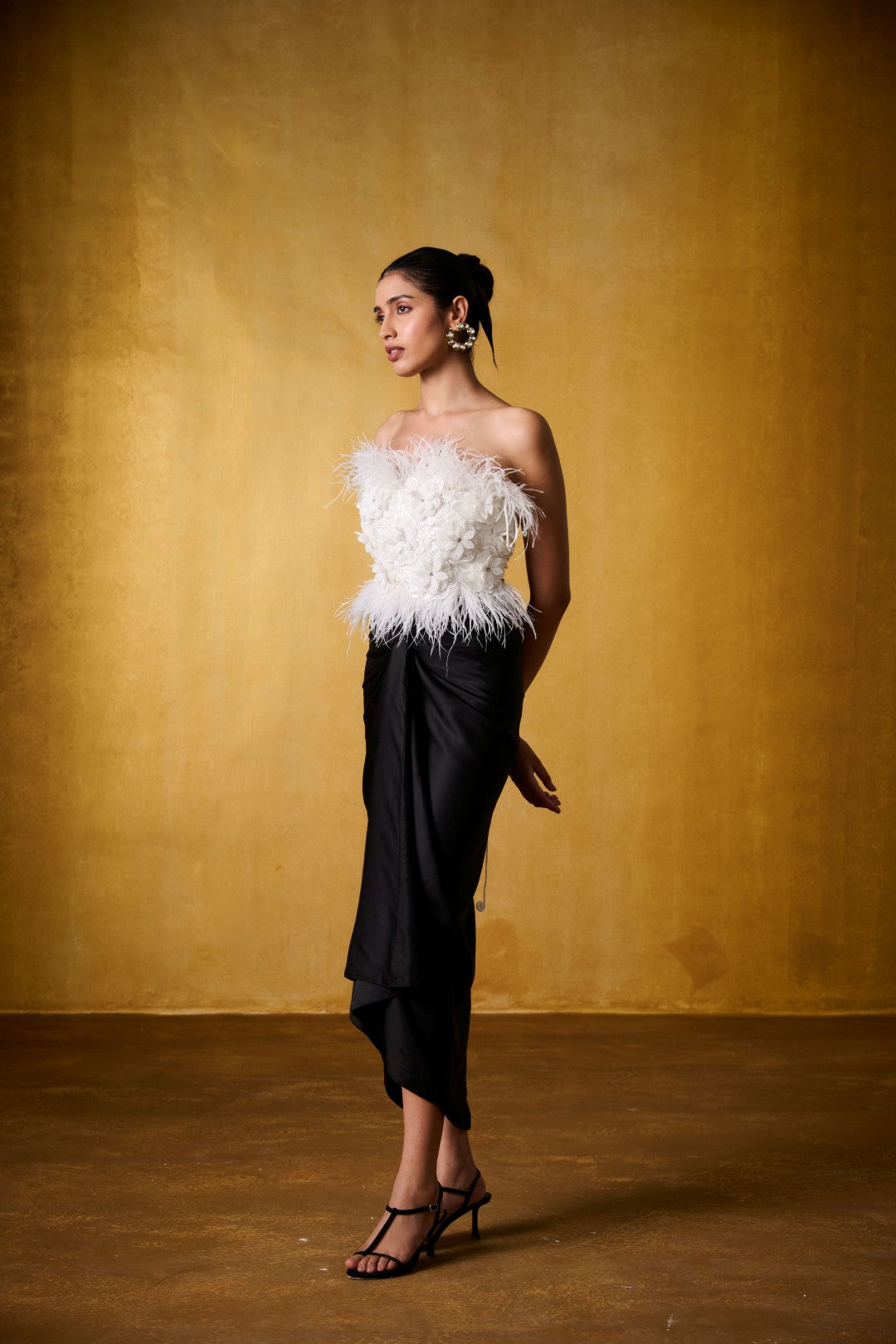IVORY FEATHER TOP WITH KNOTTED SKIRT