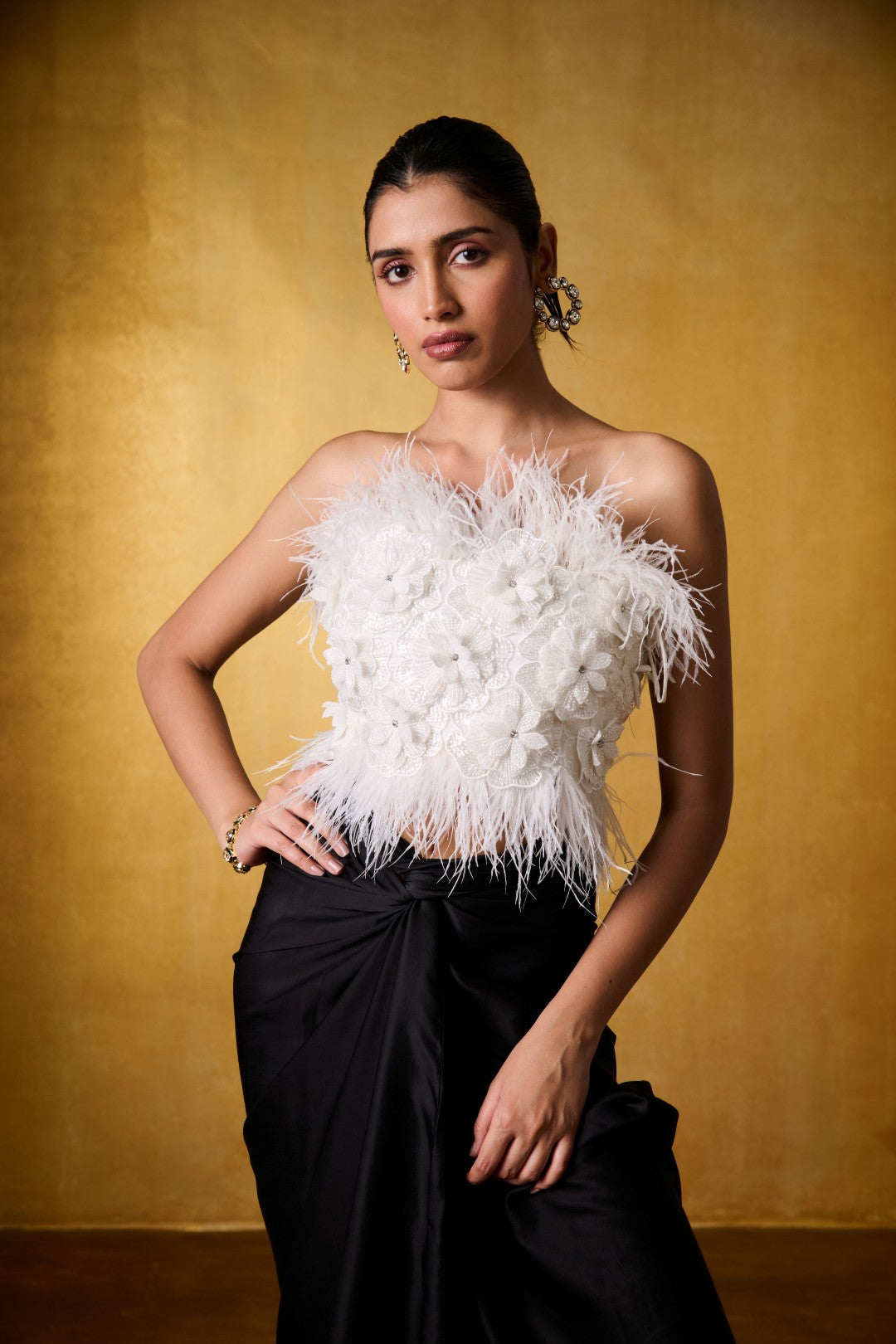IVORY FEATHER TOP WITH KNOTTED SKIRT
